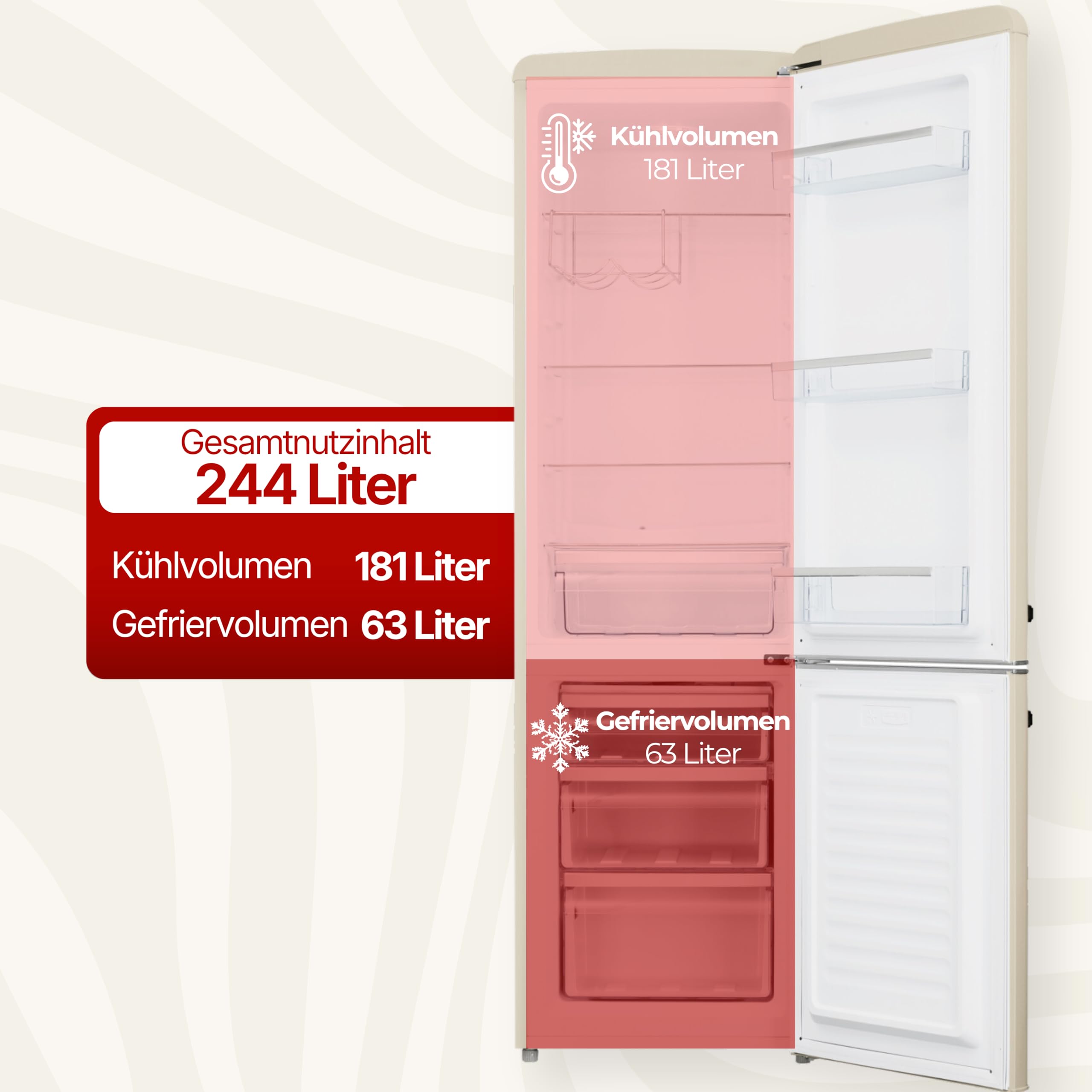 Amica KGCR 387 100 B Retro Kühl-/Gefrierkombination / Coffee Cream (Beige) / 181cm (H) x 55cm (B) x 62cm (T) / Retro-Design / Kühlschrank mit Gefrierfach – Bild 2