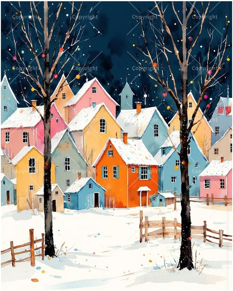 Winter Village Paint by Numbers Kit for Adults - DIY Colorful Snowy Houses Painting on Canvas 16x20 Inch, Acrylic Paint Set, Suitable for Beginners, Art for Home Decoration or Gifts
