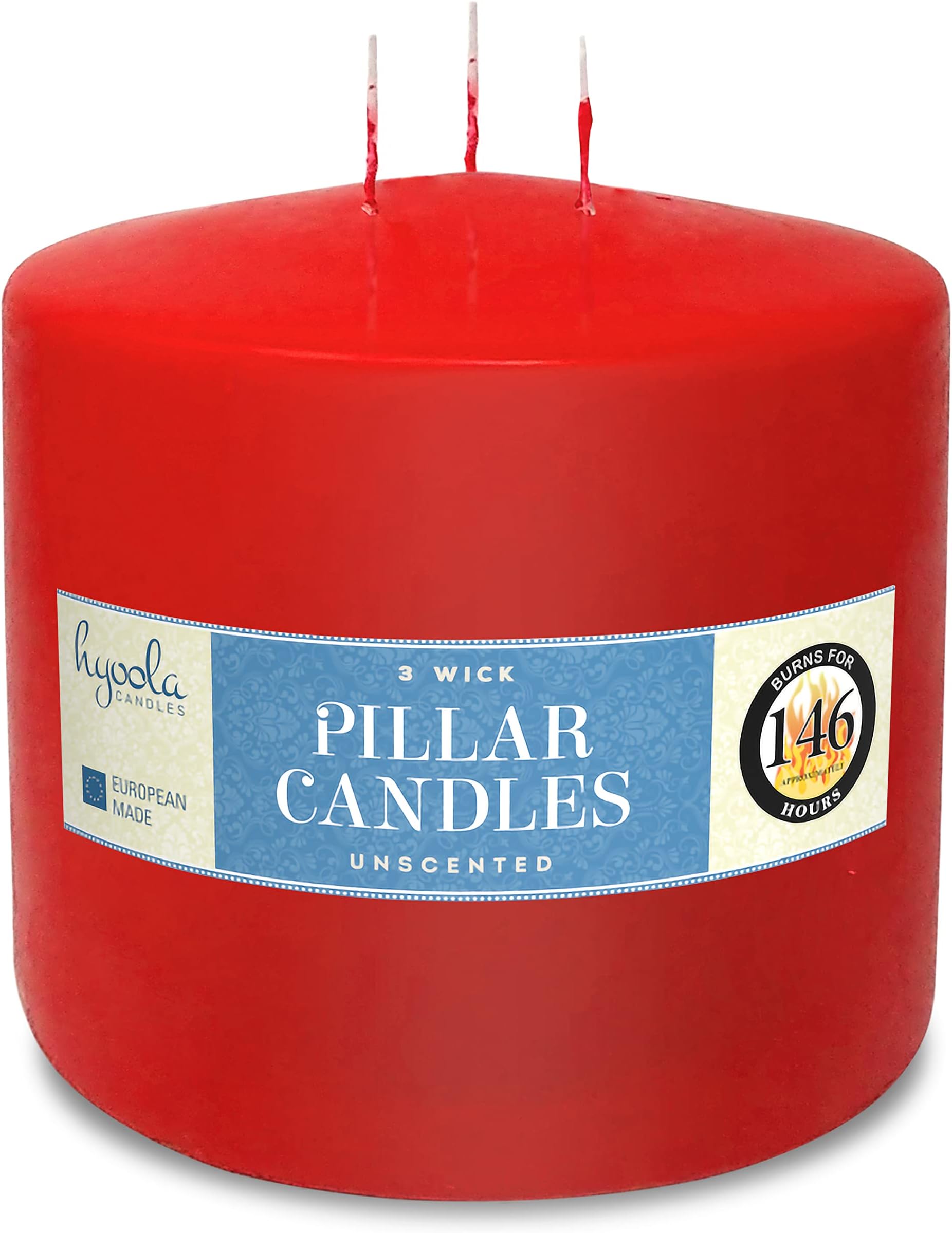 HyoolaRed Three Wick Large Candle - 15cm x 15cm - Unscented Big Pillar Candles - 146 hour - European Made