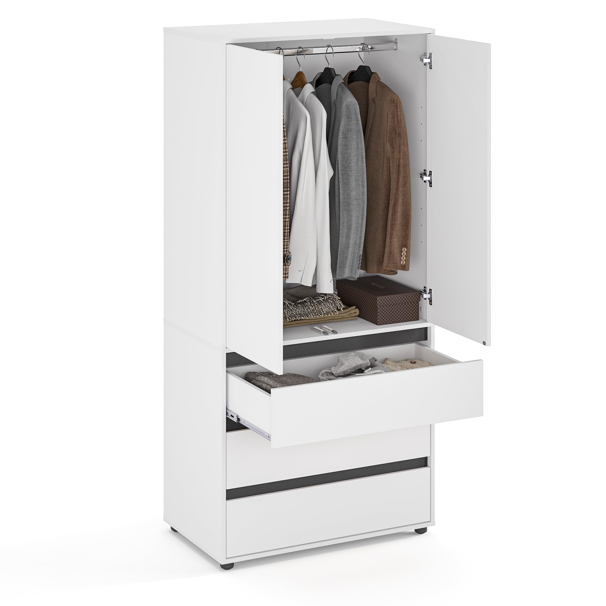 KOMTO Kleiderschrank Klein in Weiß - Schrank Schlafzimmer Kinderzimmer Mehrzweckschrank mit 2-türig & 3 Schubladen Garderobenschrank Flur | Drehtürenschrank Cube 90 x 192 x 53 cm
