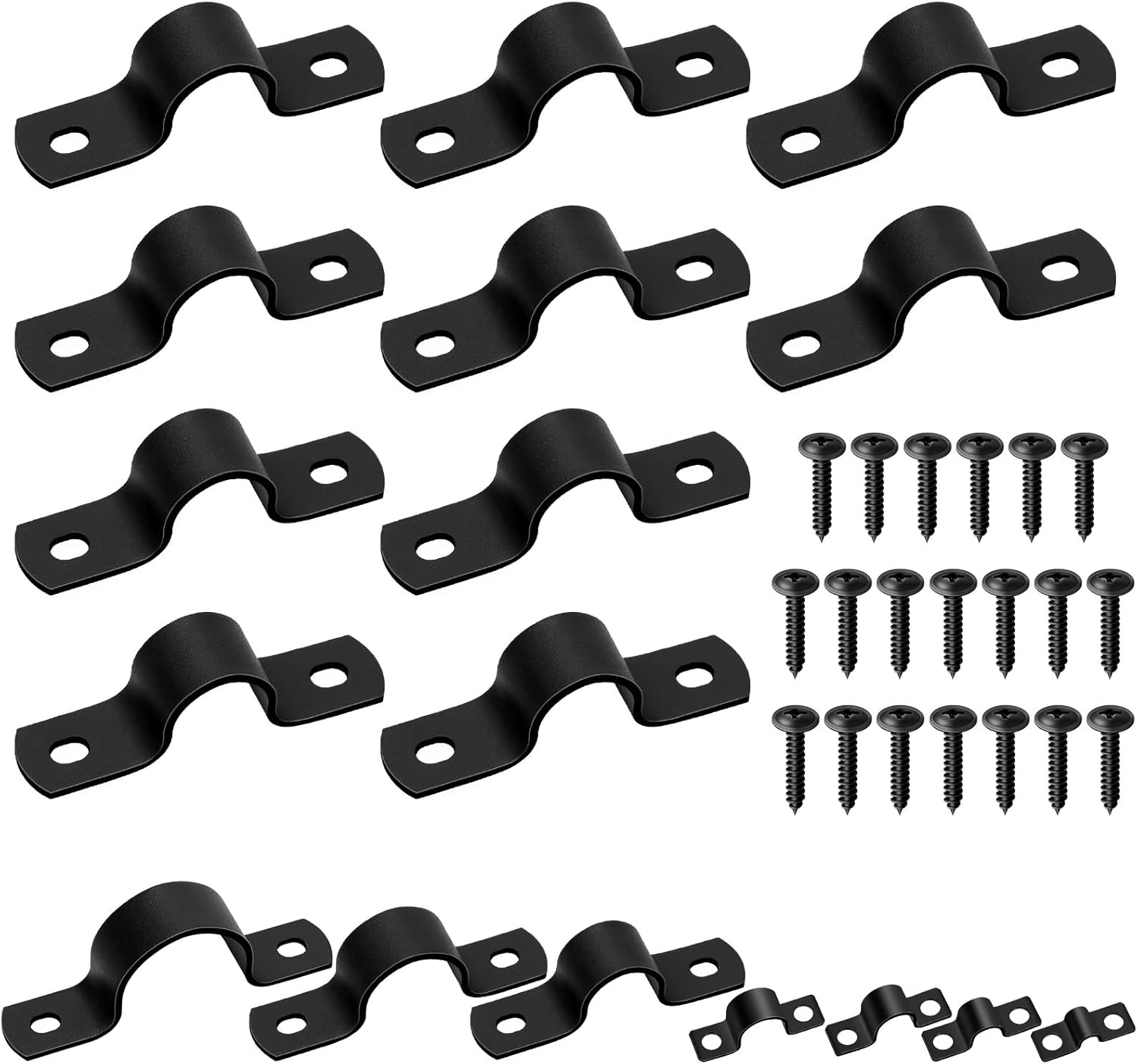 25 Set 12mm Two Hole Pipe Strap Clamp, Carbon Steel Rigid U Bracket Clamps U-Tube Strap Clamp Conduit Clamps with Self-Tapping Screws for Pipe Fixing, Black