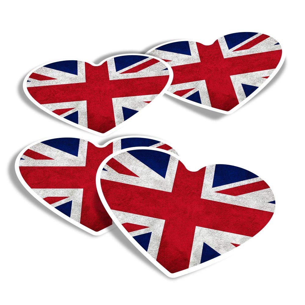 Vinyl Heart Stickers (Set of 4) - Union Jack Flag GB UK England Fun Decals for Laptops,Tablets,Luggage,Scrap Booking,Fridges #2240