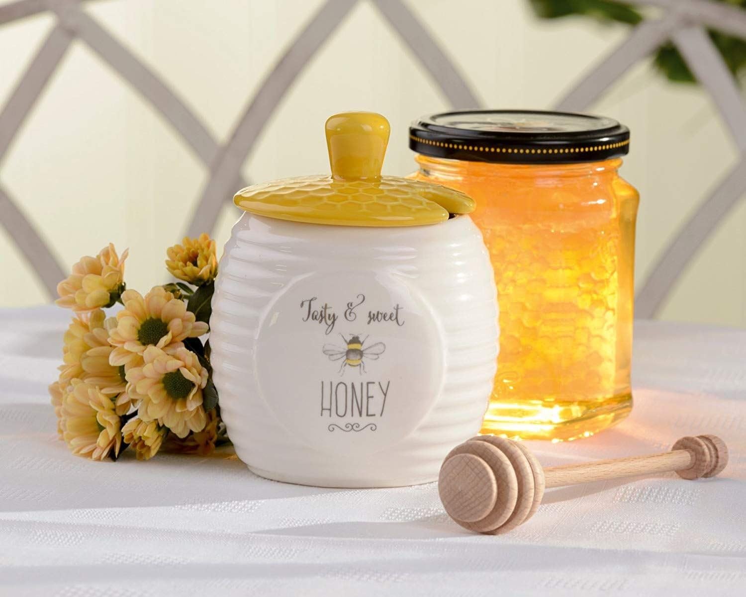English Tableware Co. Bee Happy Stoneware Honey Pot with Wooden Dipper