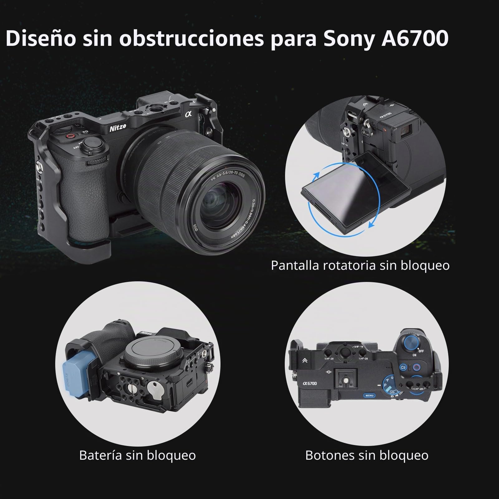 Nitze A6700 Cage, Jaula para Sony Alpha 6700 Cámara con Abrazadera para Cold Shoe Incorporado, NATO Rail y Placa de Liberación Rápida Arca - T-S12A