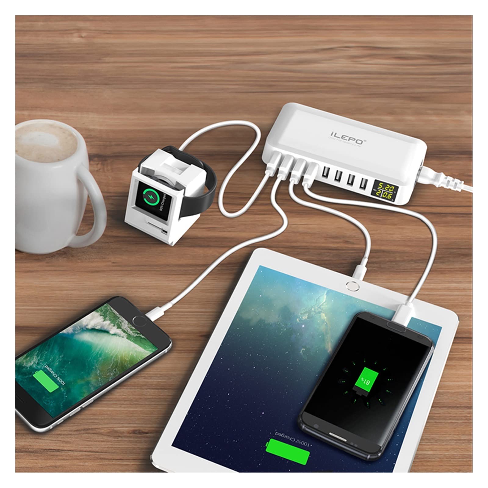 Caricabatterie rapido a 8 Porte 60W QC3.0 con Stazione di Ricarica for Cavo, Tecnologia rilevamento Automatico a Rapida, for Tablet Smartphone, Uso Domestico Caricabatterie Sicuro