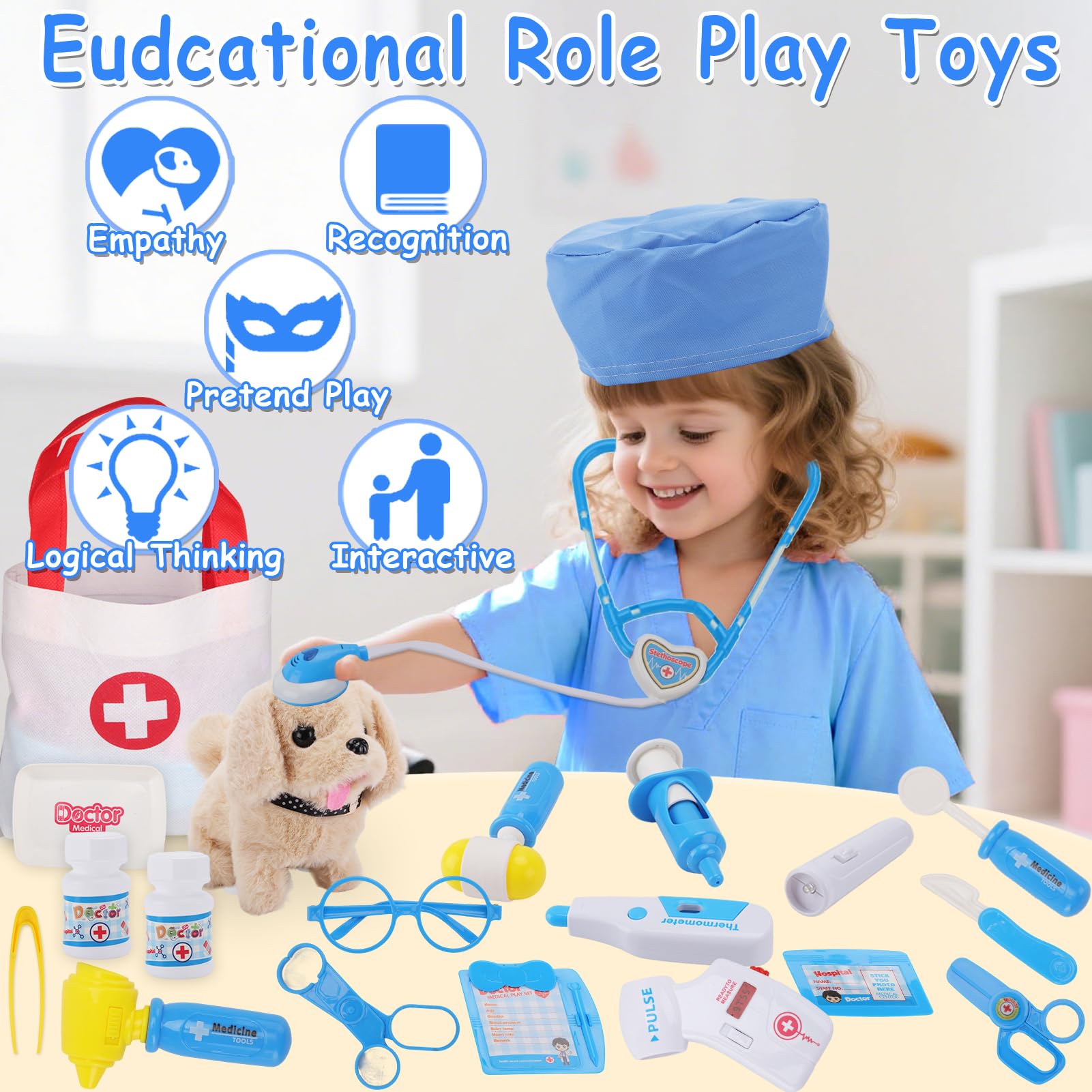 TEUVO Doctors Set for Kids - Children Pet Vet Care Play Set with Vet Doctor Costume, Dog Toys, Stethoscope, Pretend Role Play Medical Kit Toys Gifts for 1 2 3 4 5 6 7 8 Year Old Toddlers Girls (25Pcs) - Image 2