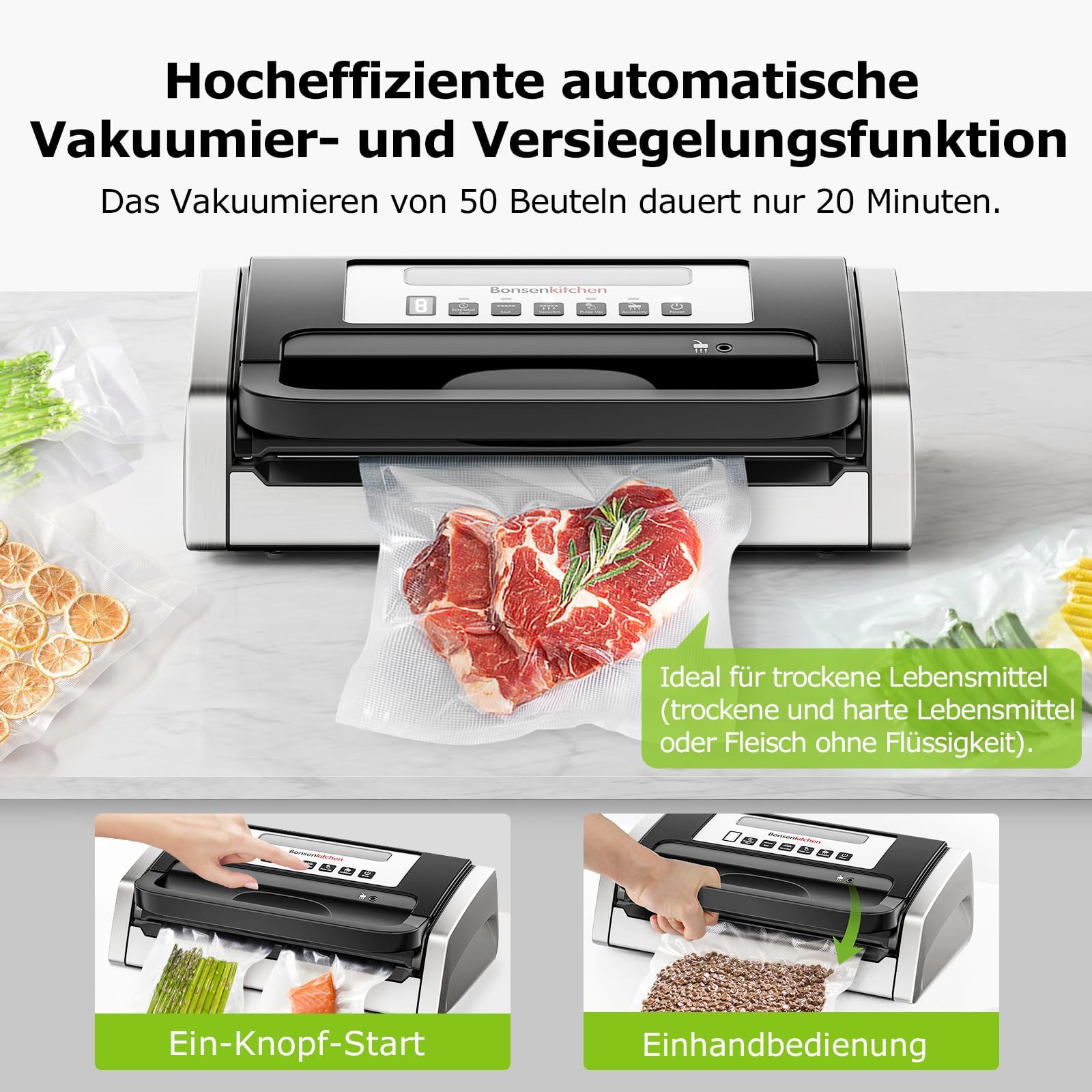 Bonsenkitchen Vakuumiergerät 15L/Min Hochleistung Testsieger Sehr Gut Design mit Griffverriegelung und Integrierter Schneider Schwarz