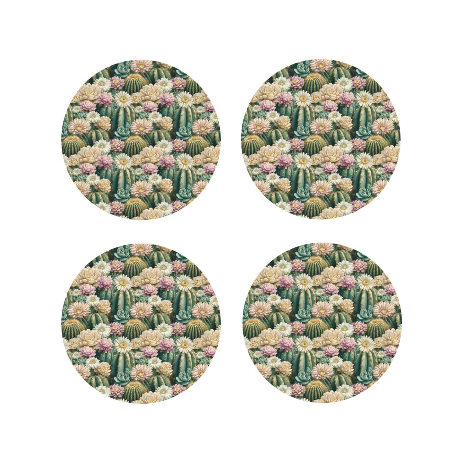 Leather Coasters Set of 4 - Floral Cactus Print Lightweight Drink Coasters for Desk