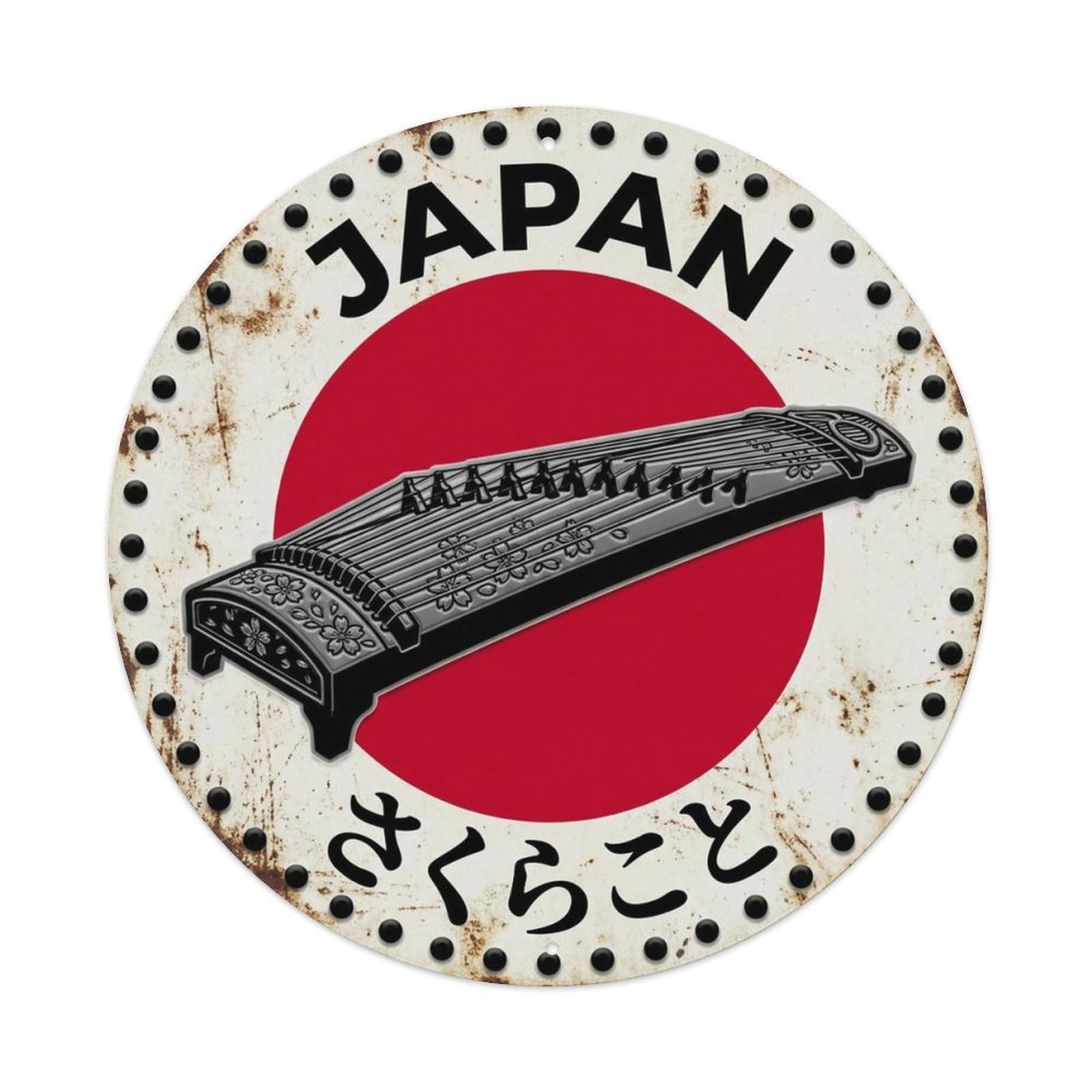 Cherry Koto Japan Sakura Harp Rustic Heritage Seal Metal Tin Sign Plaque Wall Decor for Cafe, Man Cave, Club Bar, Office, Home Garden Round Metal Poster 8x8Inch