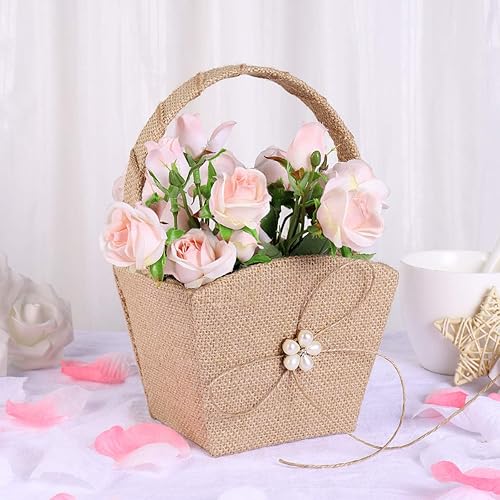 Miniatura 2 de Vosarea Cesta de flores para niña, cesta de flores de boda, lazo de encaje rústico occidental, cesta de arpillera de boda, bolsa de regalo para