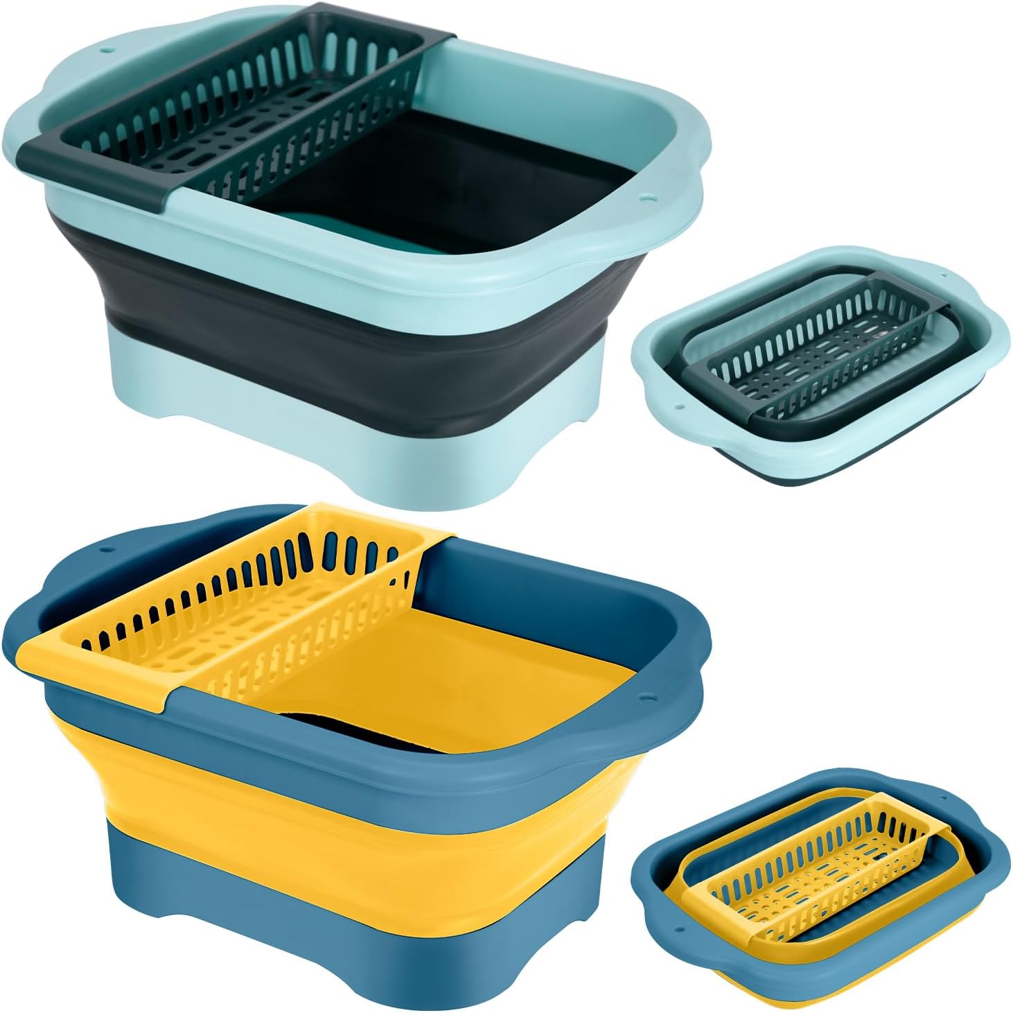 2Pack Collapsible Dish Basin with Drain Plug and Portable Sink, 11L(2.91 Gallon) Collapsible Bucket with Sink, Foldable Wash Basin for Station Campin/Camping/Rv/Kitchen (Green and Yellow)