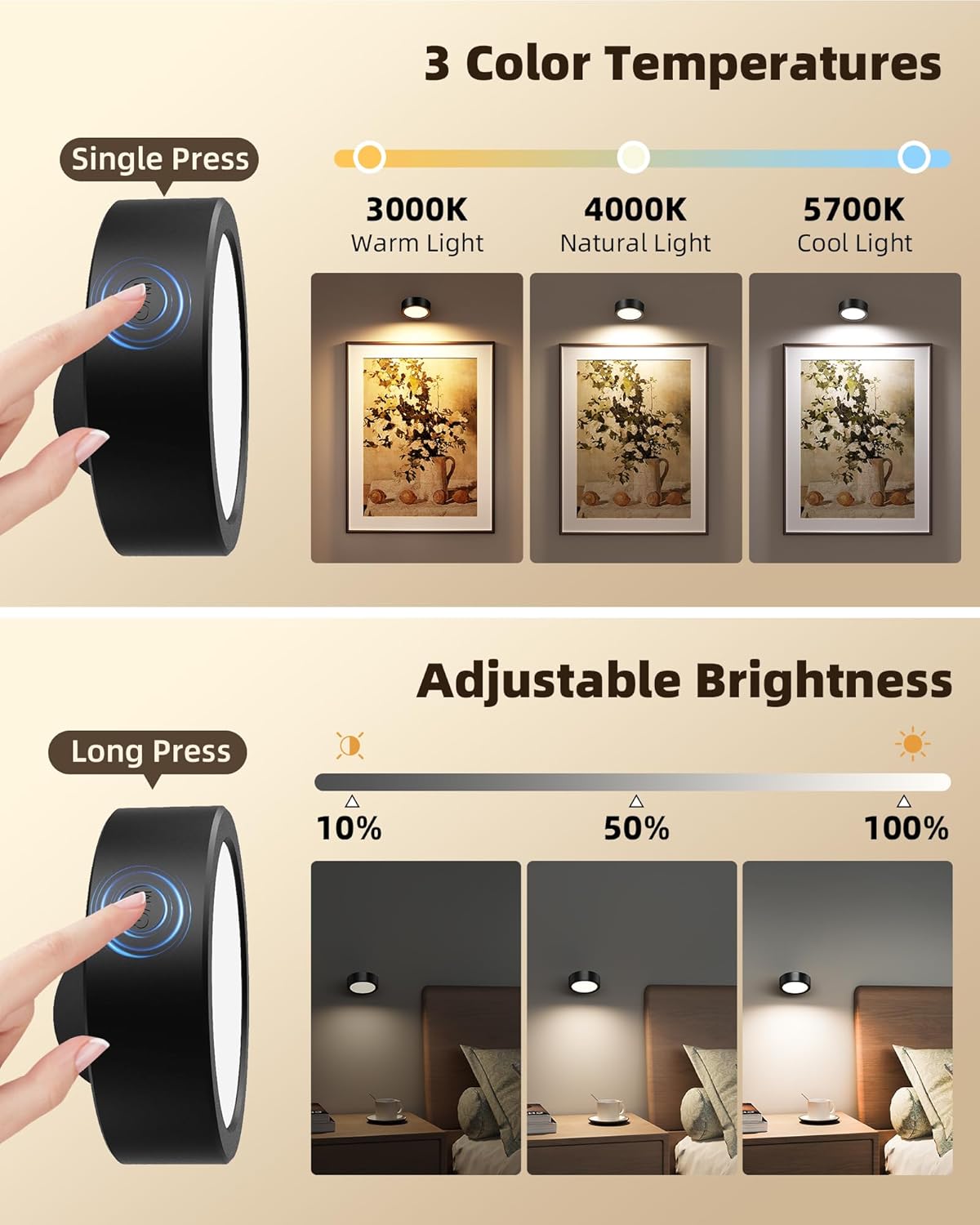 EZVALO Battery Operated Wall Sconce, 3000mAh Rechargeable Cordless Wall Sconce, Dimmable with Remote & Touch Control, 3 Color Temps, 360° Rotatable for Bedroom, Bedside, Reading (Black, 2 Pack)