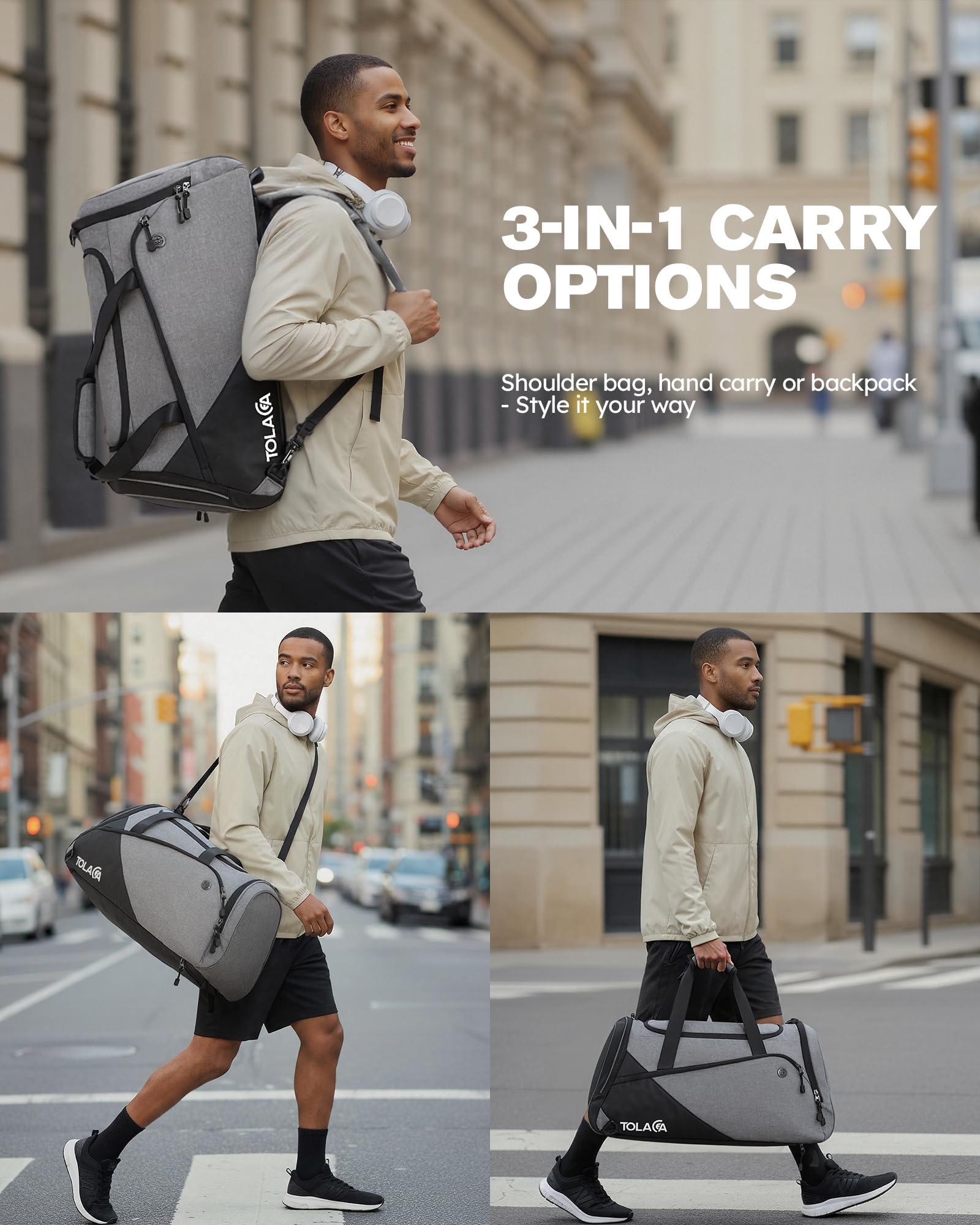 Tolaccea 47L Sporttasche mit Schuhfach Nassfach Reisetasche Duffel Bag Fitness Trainingstasche Herren Damen Gym (Grau)