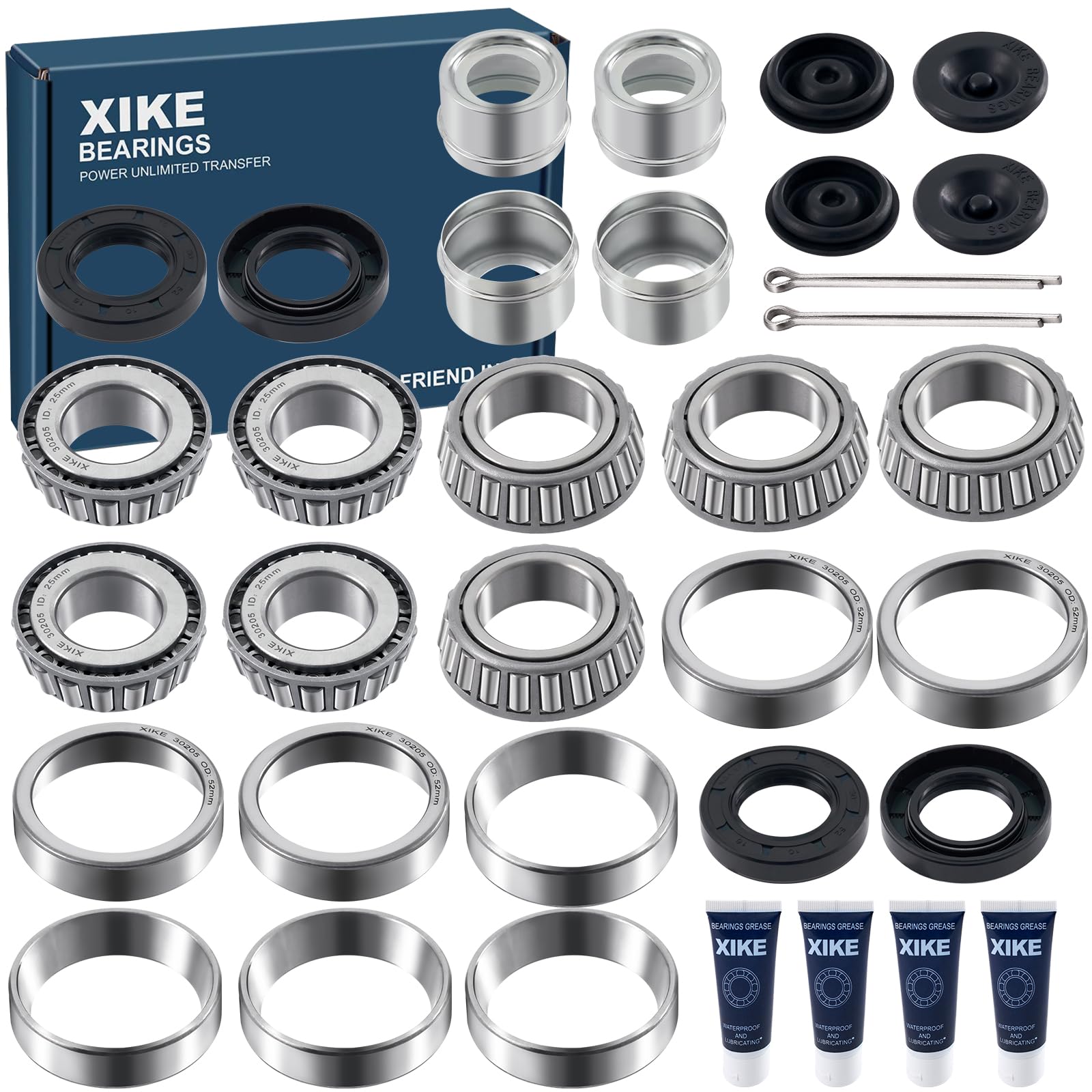 XiKe 4 Set Fits 25mm Axles Trailer Wheel Hub Kit, 30205 Bearings, TC30x52x10mm Seal, OD 52mm Dust Cover and Cotter Pin.