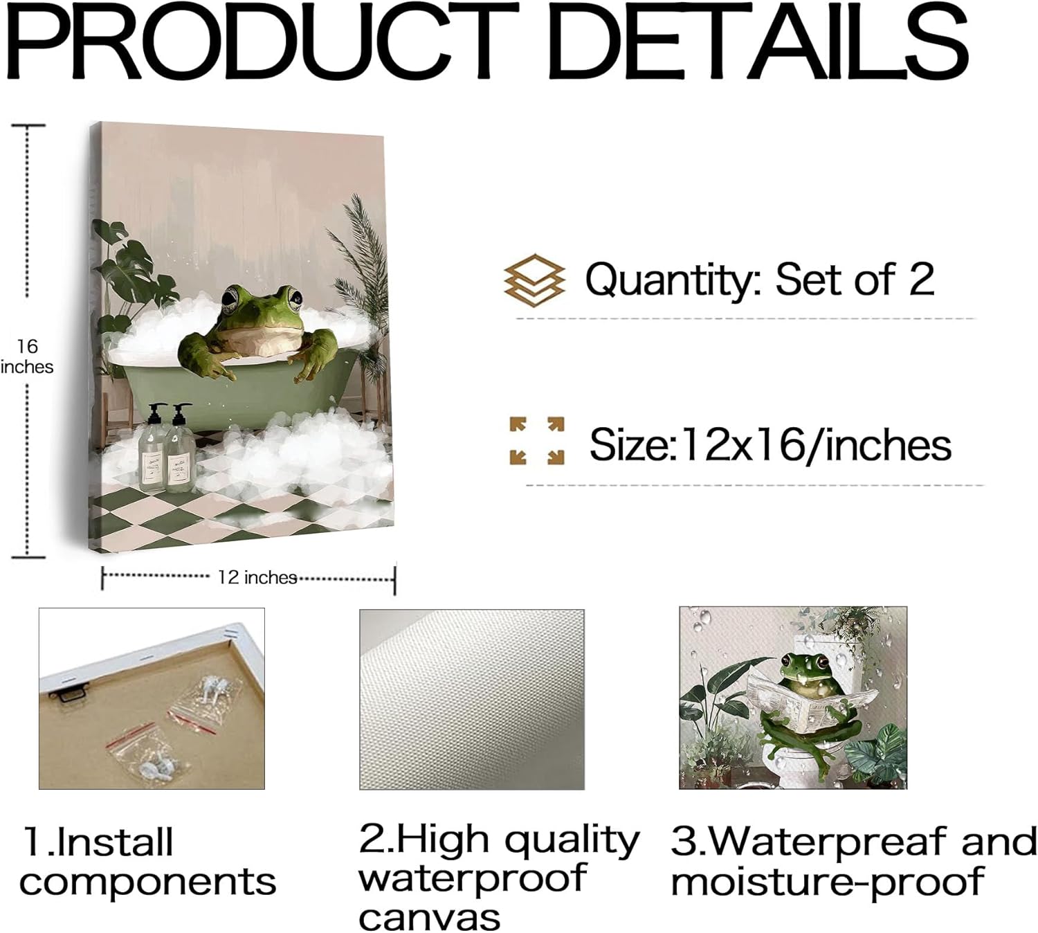 Frimeeme Set of 2 Funny Frog Bathroom Canvas Wall Art, Funky Frog in Bath Wall Decor，Green Bathroom Canvas Prints Decor Pictures Aesthetic Framed,12x16 inches