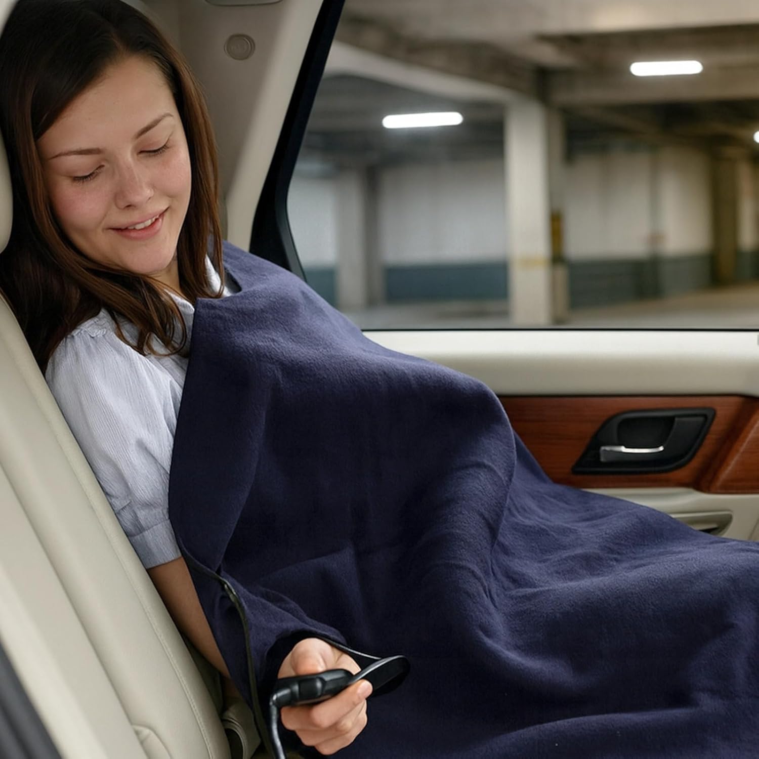 Electric Blanket Car 12V, 57.1 X 39.4 in (145 X 100 Cm) Fleece Dark Blue Heated Throw, 3 Heat Levels, Cold Weather Portable Travel Blanket for Home, Car Use