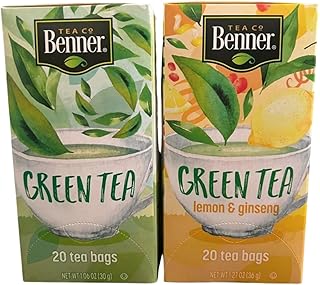 Tea co Benner Green Tea & Ginseng Tea Bags with Lemon Flavor, 40 Count, Individually Wrapped, 1.27 oz