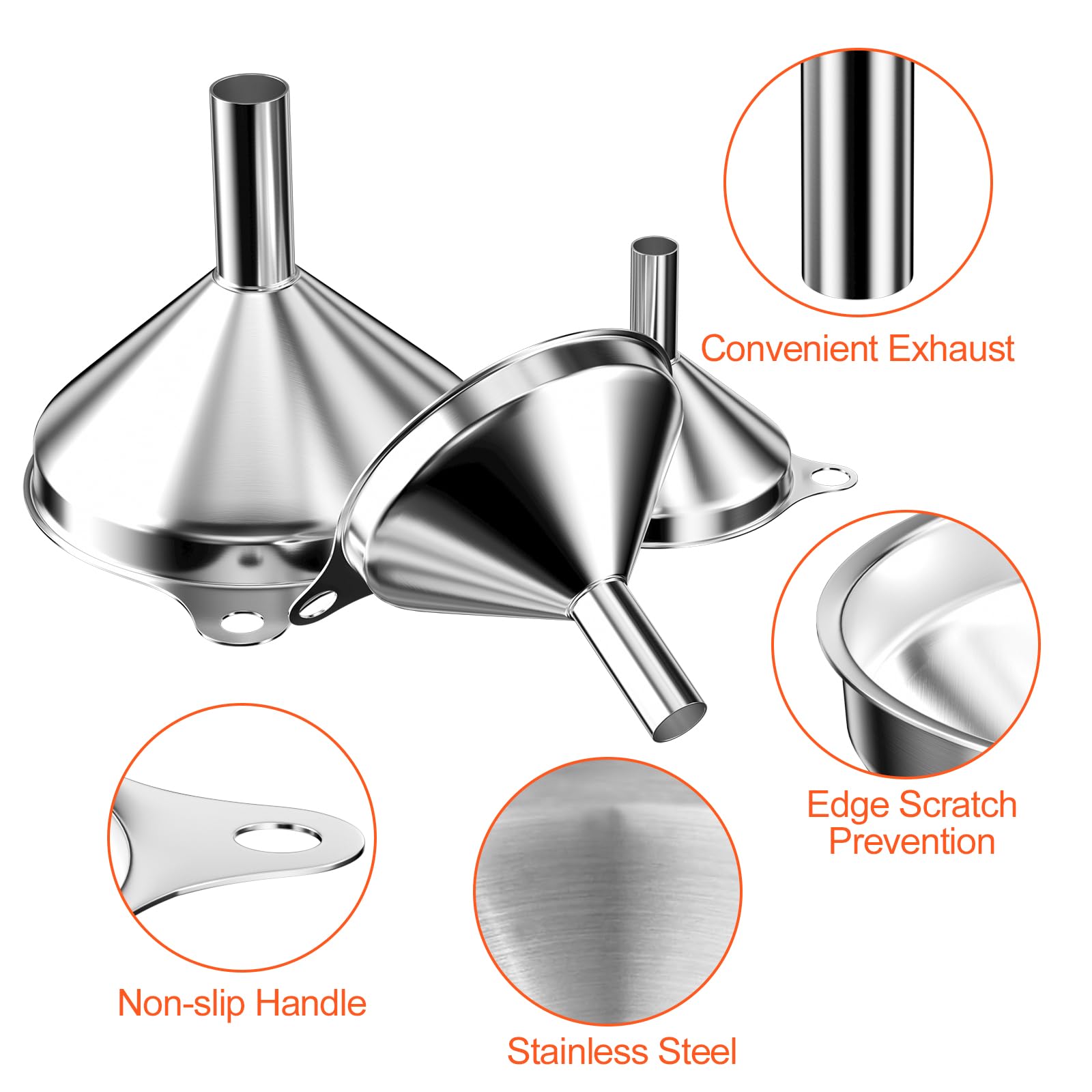 Newpop 3 Piezas Embudo de Cocina, Embudos De Acero Inoxidable con 2 Cepillo de Limpieza, Set de embudos de Cocina 3 Tamaños 4.5/5.5/7.5cm para la Transmisión de Ingredientes Líquidos y Polvos