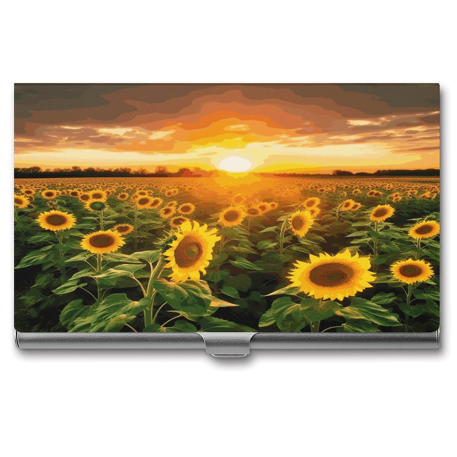 LDGSUPH Sunflower Field Sunset Business Card Holder Fashion Slim Name Card Holder Minimalist Design Case Metal Card Carrier Personalized Business Card Case with Flip for Men Women