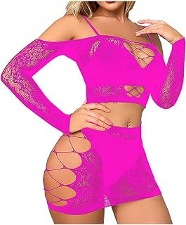 Womens Fishnet Lingerie Set Sexy Two Piece Long Sleeve Lingeries Sets Stripper Outfits Naughty Sex Babydoll Bodysuit