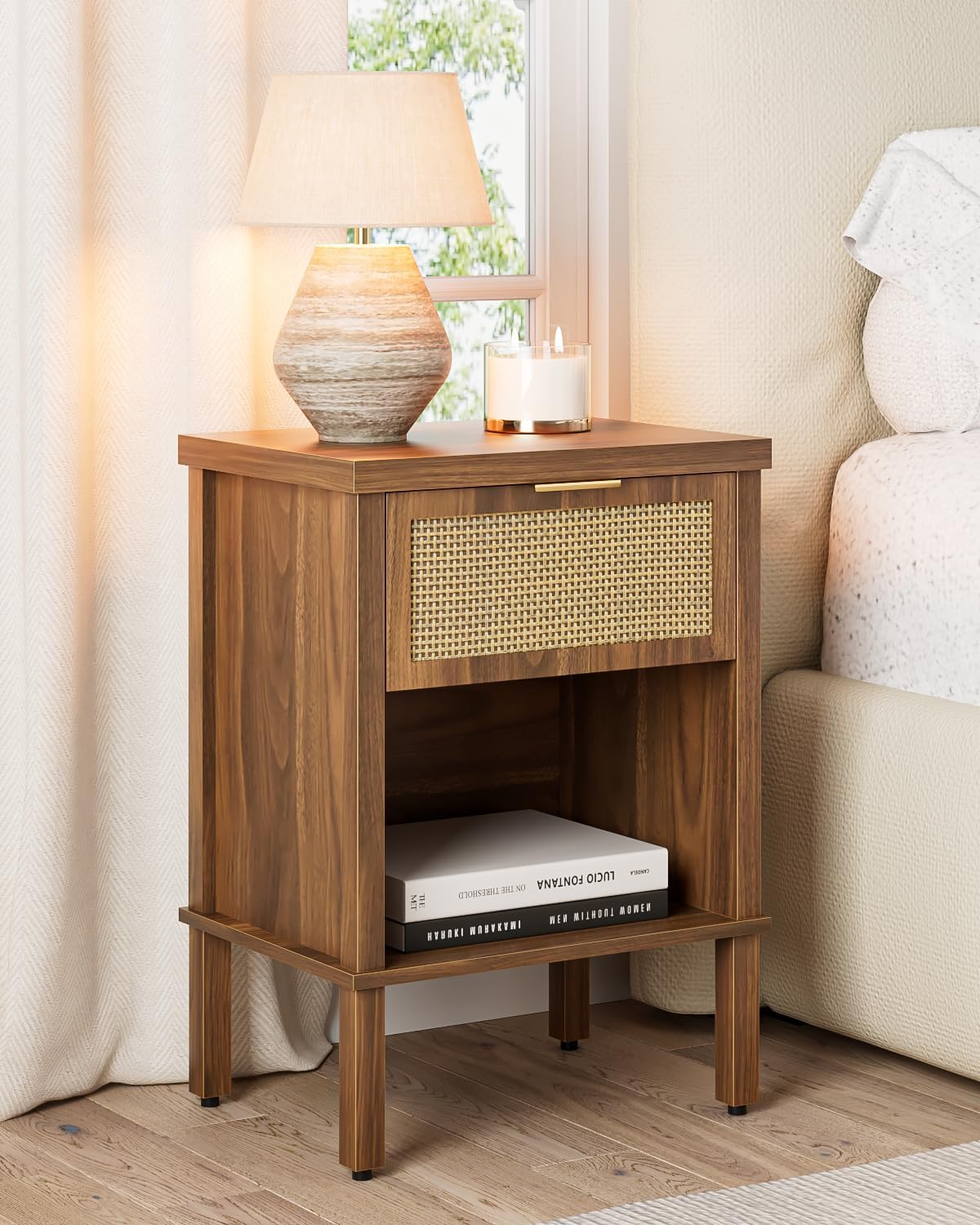 Rattan Nightstand with Drawer and Open Shelf, Boho Side Table with Gold Handle, Small Night Stand, Modern Bedside Table for Bedroom, Walnut