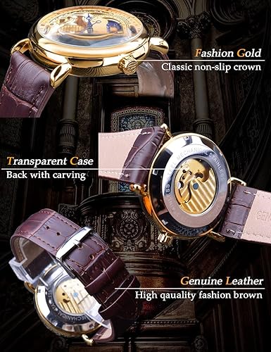 Miniatura 4 de FORSINING Reloj de lujo para hombre con fase lunar y tourbillon, reloj de pulsera mecánico de cuerda automática con esqueleto retro, correa de