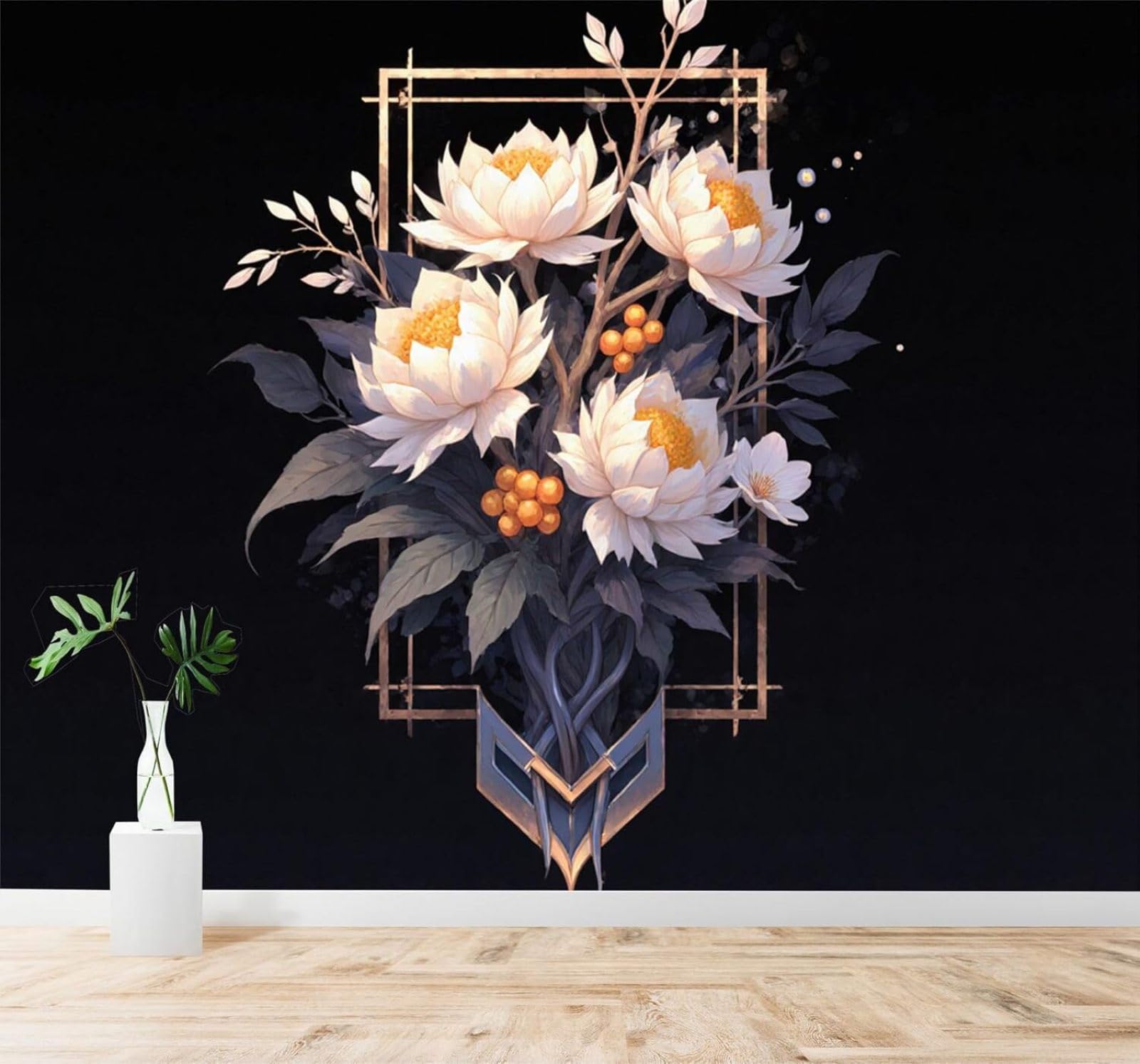 Xlming 200Cm×140Cm(B×H) Three Dimensional Beautiful White Lotus Gold Frame Dark Background 3D Wallpaper Silky Texture Home Study Office Grey Dining Room Sofa Bedroom Living Room Tv Backdrop-200Cm×140Cm