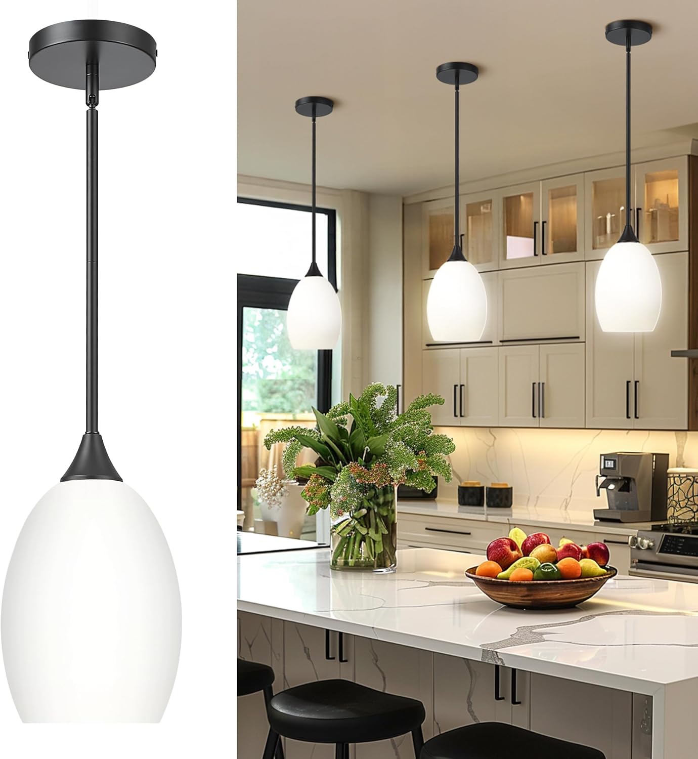 autelo black pendant lights kitchen island, glass pendant lights in black finish with milky white glass, modern pendant light fixtures, hanging lamp for kitchen island h9300 mgbk-lr milky - matte black medium - 1 pack