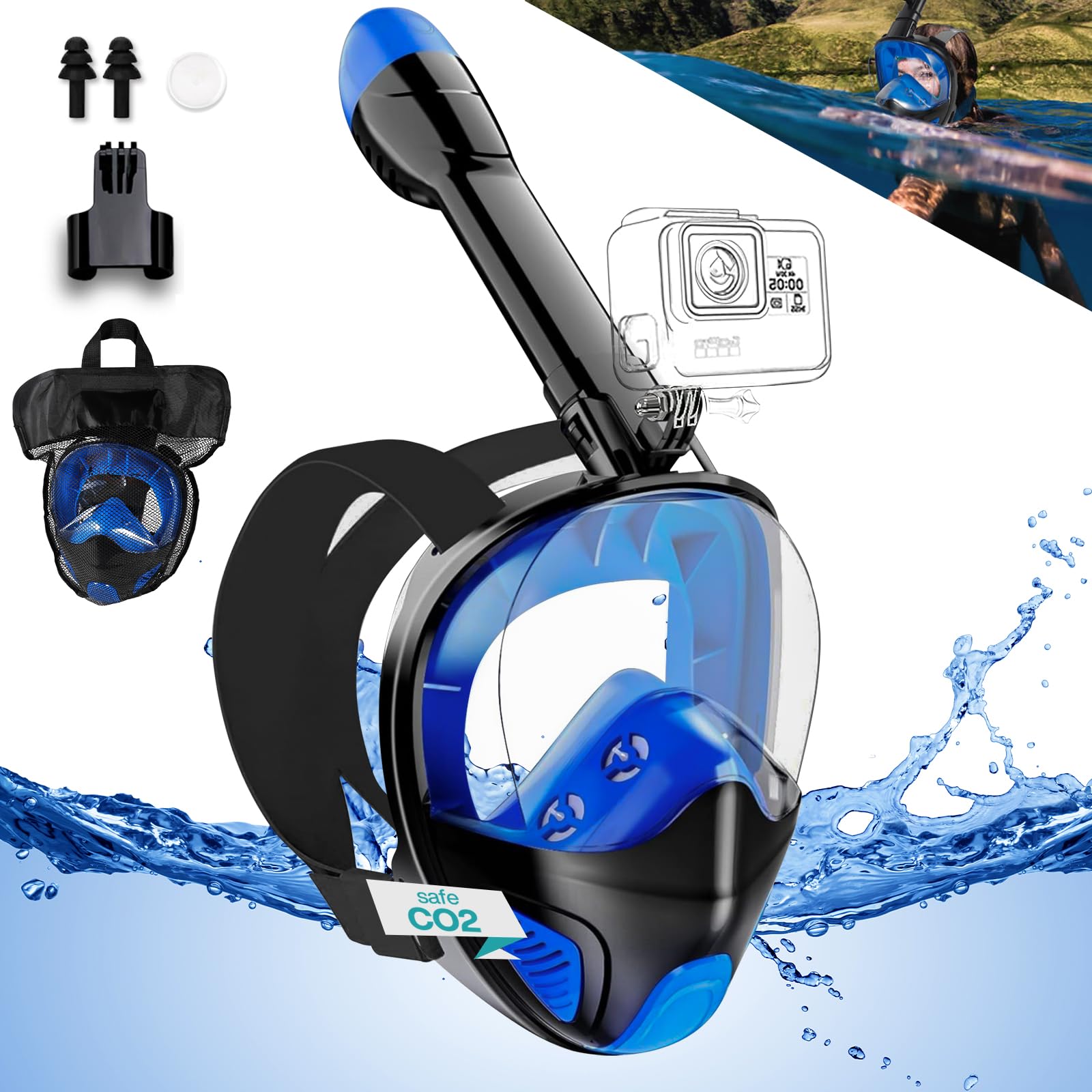 Frasheng Máscara de Buceo para Adultos, 180°Panorámica Máscara de Snorkel de Cara, Máscara Snorkel Adulto, Anti-vaho, Anti-Fuga, Máscara de Esnórquel con Soporte de Cámara