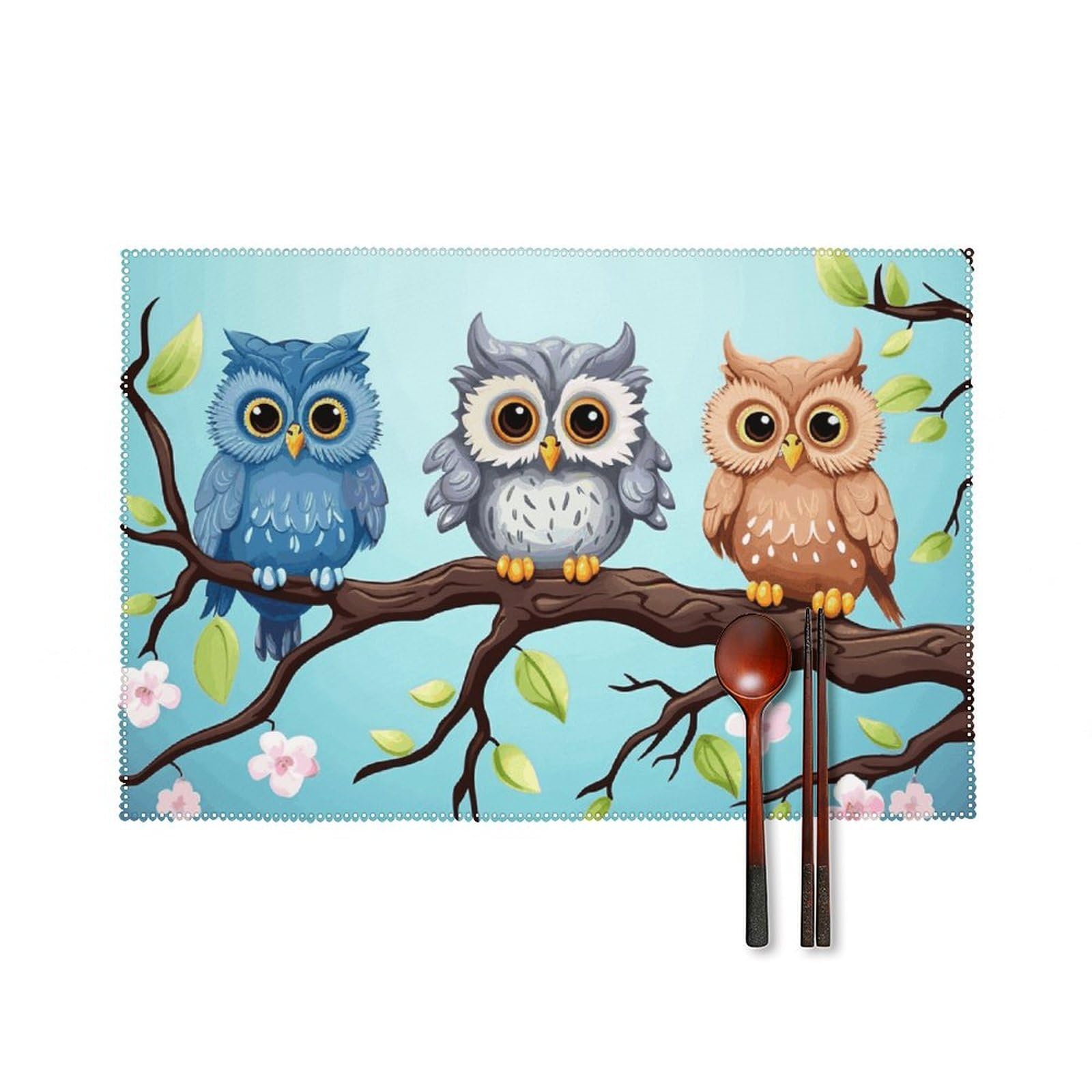 Owls on A Branch Placemats Set of 6, 12x18 Inch Heat Resistant Washable Canvas Table Mats, Stain Resistant Decorative Dining Placemats for Kitchen, Restaurant, Outdoor Party