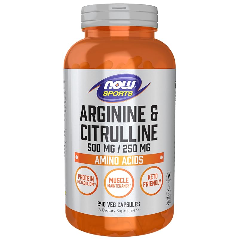 NOW Suplemento de aminoácidos, L-arginina 500 mg e citrulina 250 mg, 240 cápsulas vegetais