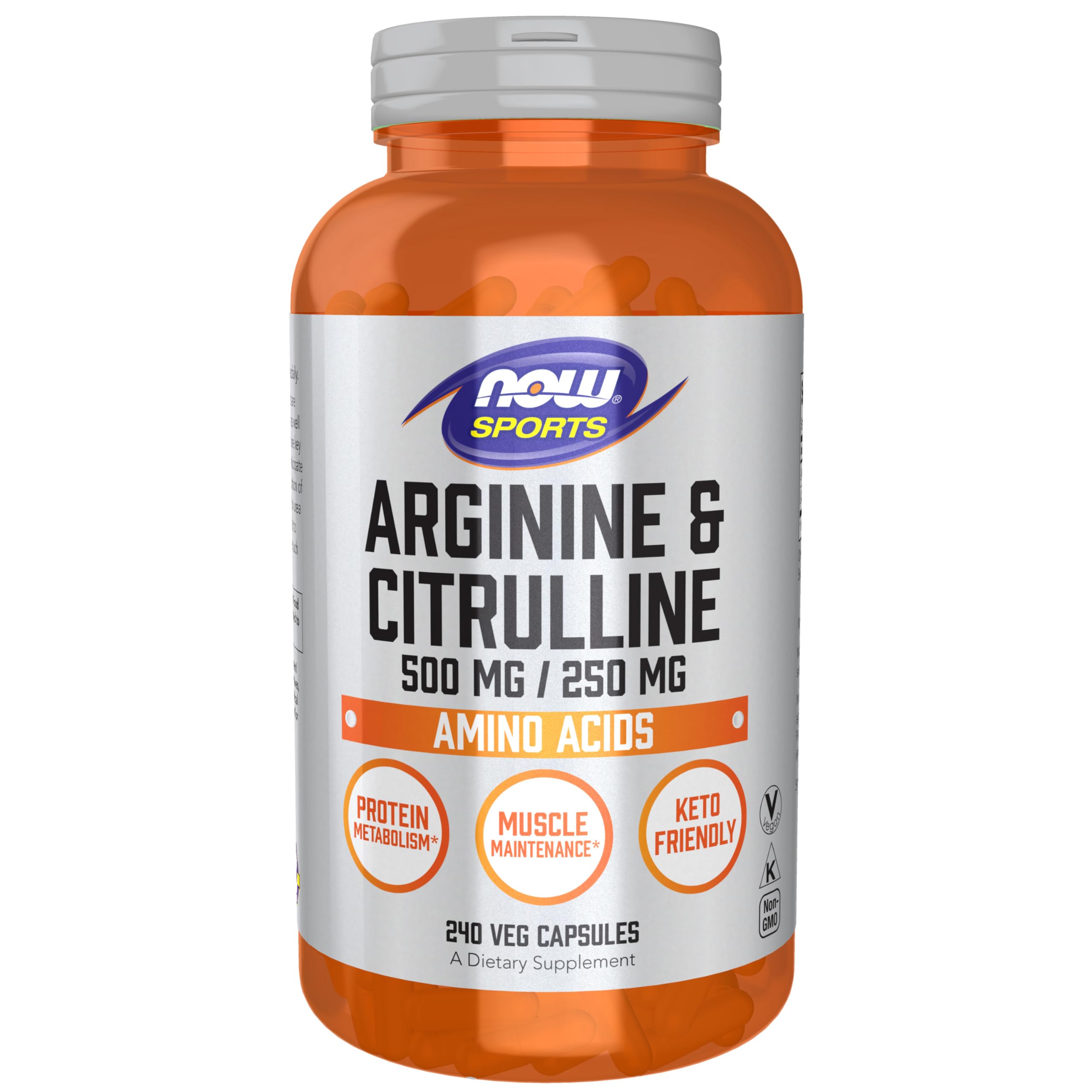 NOW Sports Nutrition, Arginine & Citrulline 500 mg/ 250 mg, Amino Acids, 240 Veg Capsules 240 Count (Pack of 1)