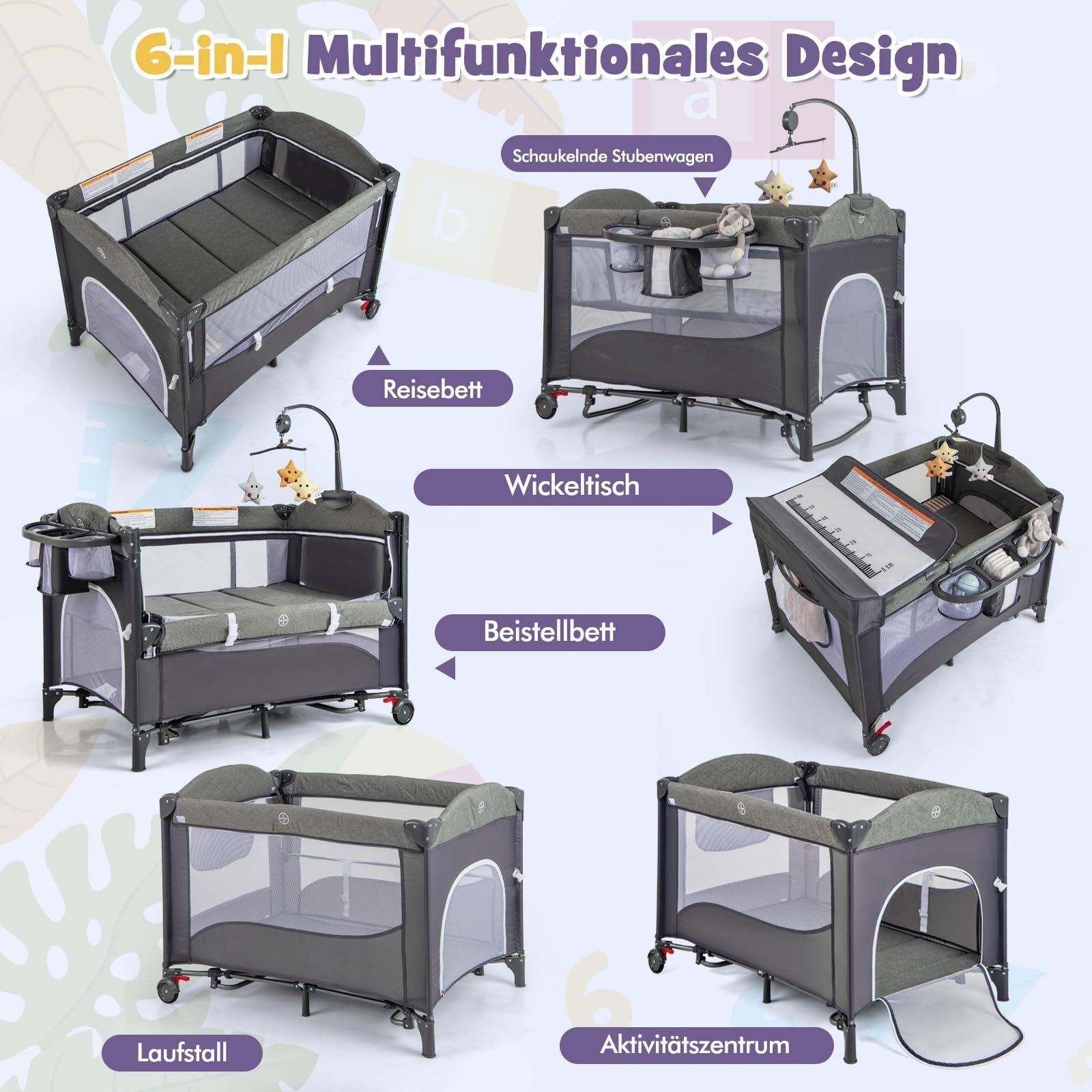FANTASK 5 in 1 Beistellbett, Babybett höhenverstellbar mit Matratze & Rollen, Reisebett Baby mit Wickeltisch, Hängespielzeug, Spieluhr & Sicherheitsgurt, Stubenwagen Babywiege für Kleinkinder (Blau)