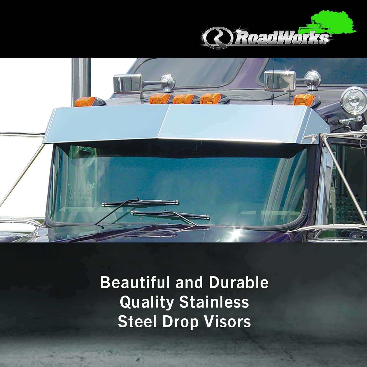 RoadWorks | Stainless Steel 10" Blind Mount Drop Visor for 2007-2020 Kenworth W900L Style Cab with Curved Windshield | 45572