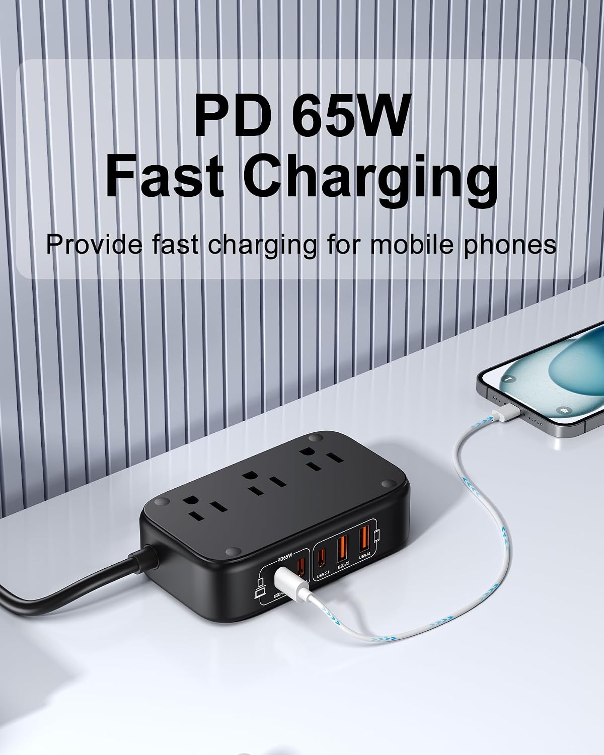 7-in-1 Power Strip, PD GaN 65W USB C Power Strip with 3 USB-C, 2 USB-A Ports and 2500W AC Outlet, Flat Plug Essentials for Home/Office/College/Travel (Pearl Black, 65W) image 4