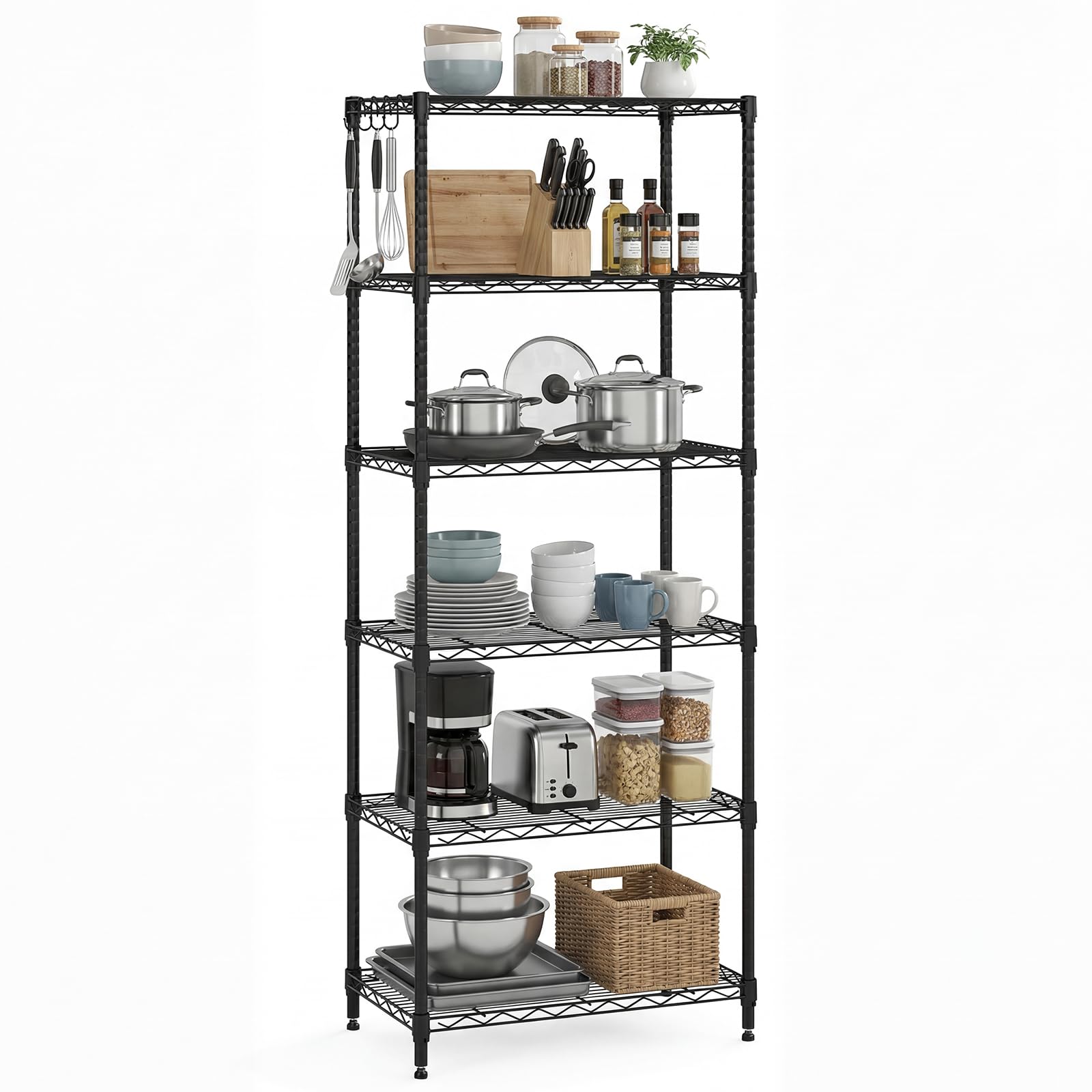 GiantexUK 3/4/5/6-Tier Wire Shelving Unit, Adjustable Heavy-Duty Metal Storage Shelves with 4 Hooks & Leveling Feet, Utility Storage Rack Organizer for Kitchen Pantry Garage Basement (Medium, 6)