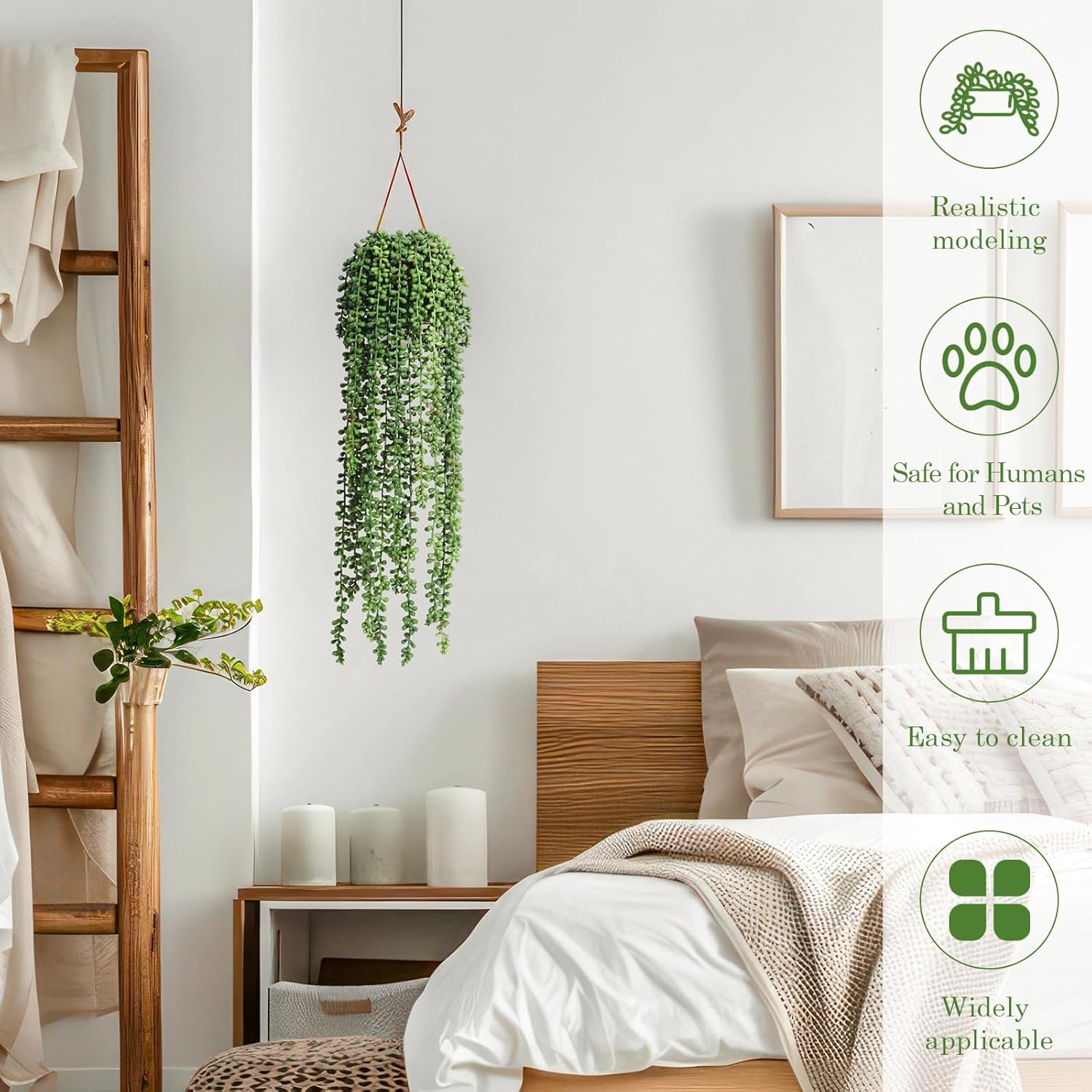 10 Pcs Artificial Succulents Hanging Plants, Fake String of Pearls Greenery Plants, Decoration for Wall Home Backdrop Garden Windows Balcony Indoor and Outdoor (10PCS Green)