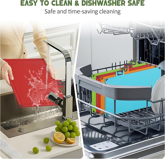 IAGORYUE 4 Colour Coded Chopping Board Set | BPA Free Thick Plastic Chopping Boards with Stand | Kitchen Cutting Boards Dishwasher Safe with Non Slip Feet & Juice Groove for Vegetables/Meat/Fish/Bread