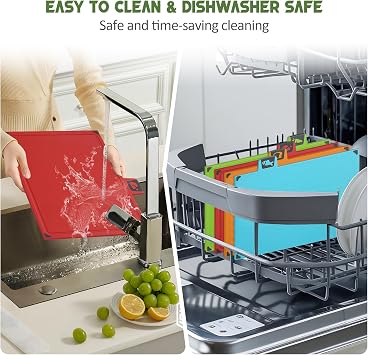 IAGORYUE 4 Colour Coded Chopping Board Set | BPA Free Thick Plastic Chopping Boards with Stand | Kitchen Cutting Boards Dishwasher Safe with Non Slip Feet & Juice Groove for Vegetables/Meat/Fish/Bread