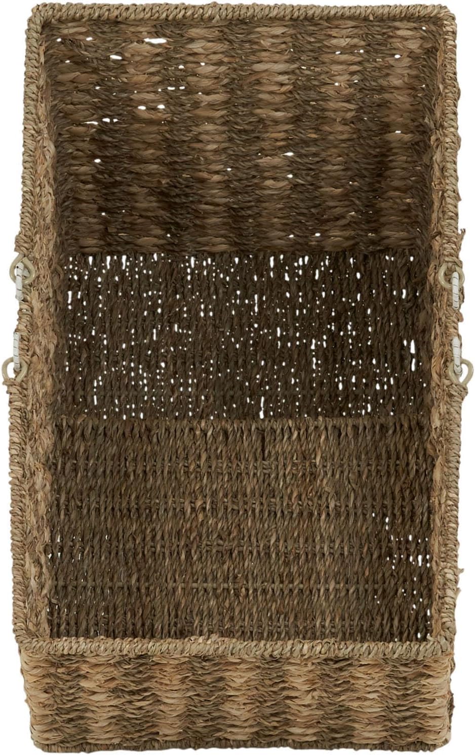 household essentials wicker stair basket, wicker step organizer with handles, use to collect and transport items from floor to floor seagrass