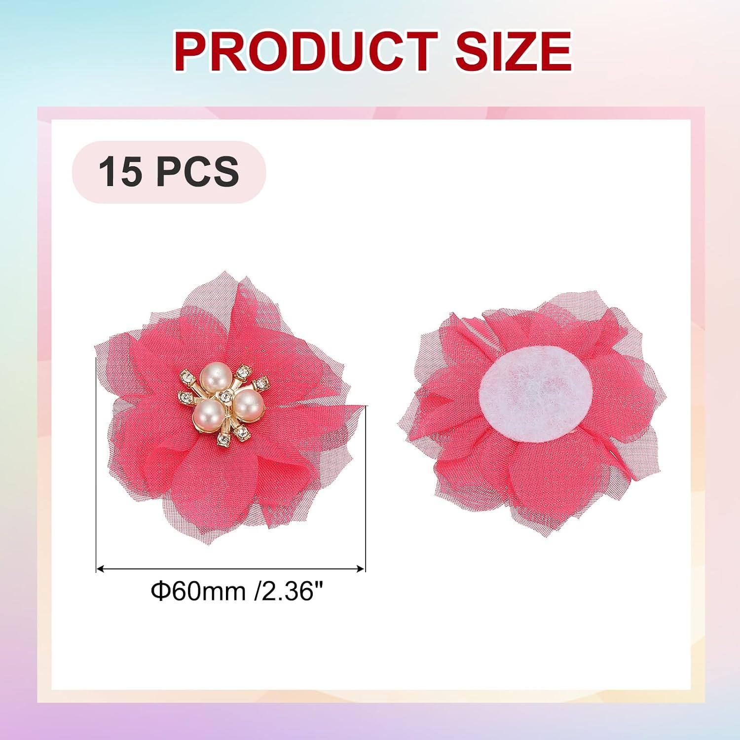 PATIKIL 2.36 Inch Rhinestone Pearl Chiffon Flower, 15 Pcs, Rose Red image 2
