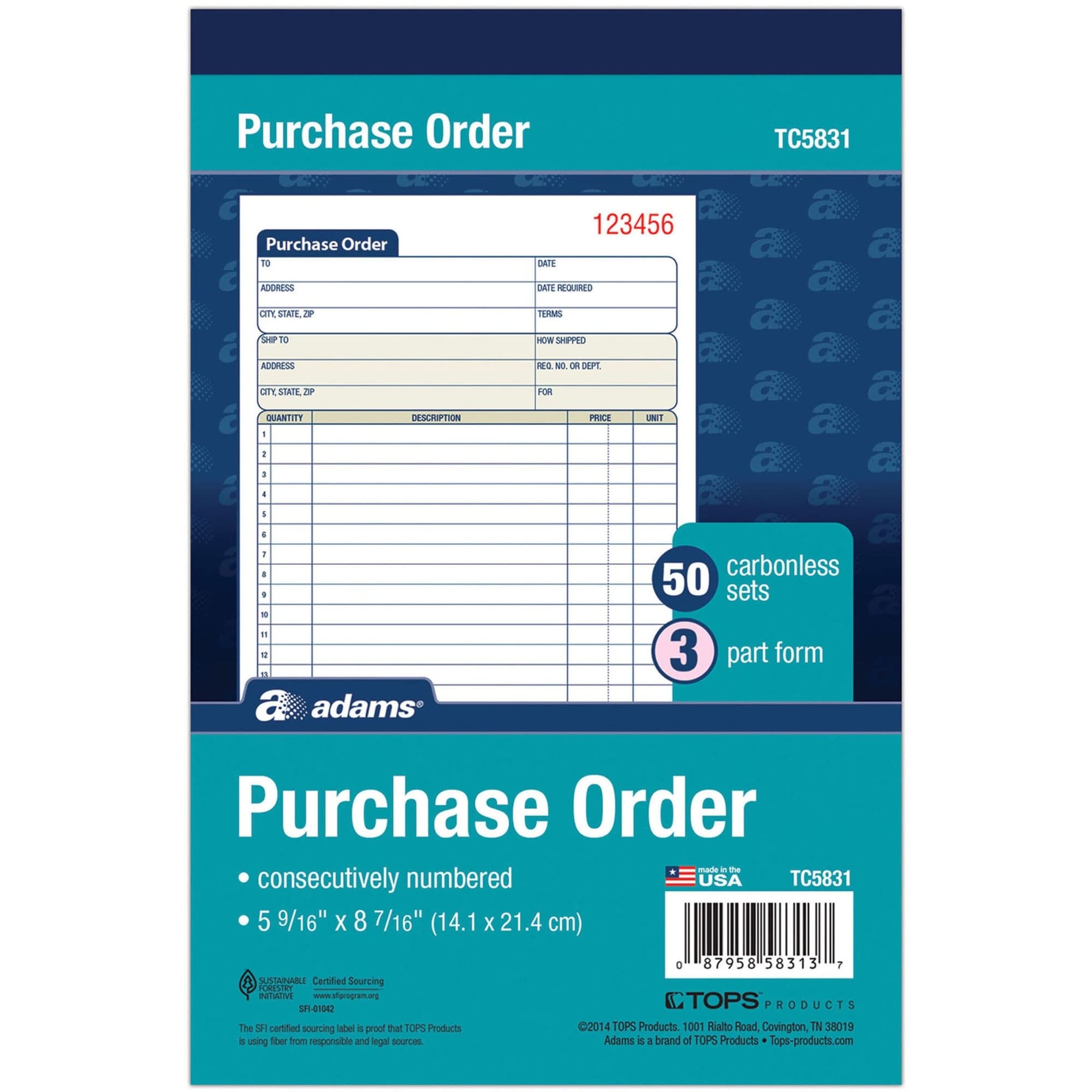 Purchase Order Form, 3-Part, 5-9/16"x8-7/16, Sold as 1 Each