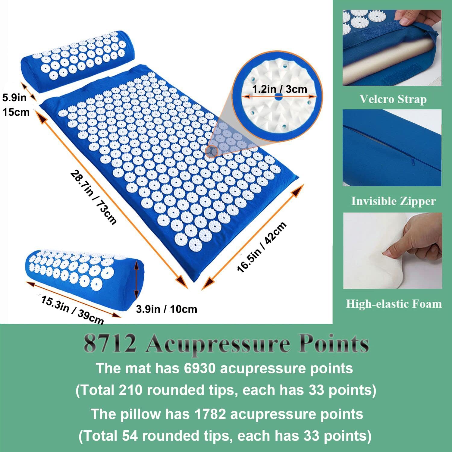 XiaoMaGe 28.7" Acupressure Mat and Pillow Set with Carry Bag (Blue) image 2