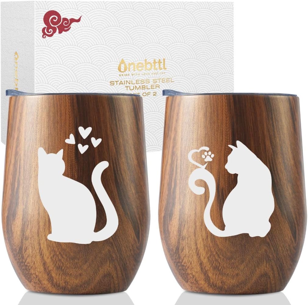 Cat Goods, Cat Mug, Cat Lovers Gift, Cat Pattern Goods, Popular Gift, Birthday, Valentine's Day, Couple, Stainless Steel Tumbler, Gift with Lid, Insulated, Insulated, 11.8 fl oz (350 ml) x 2, Wood