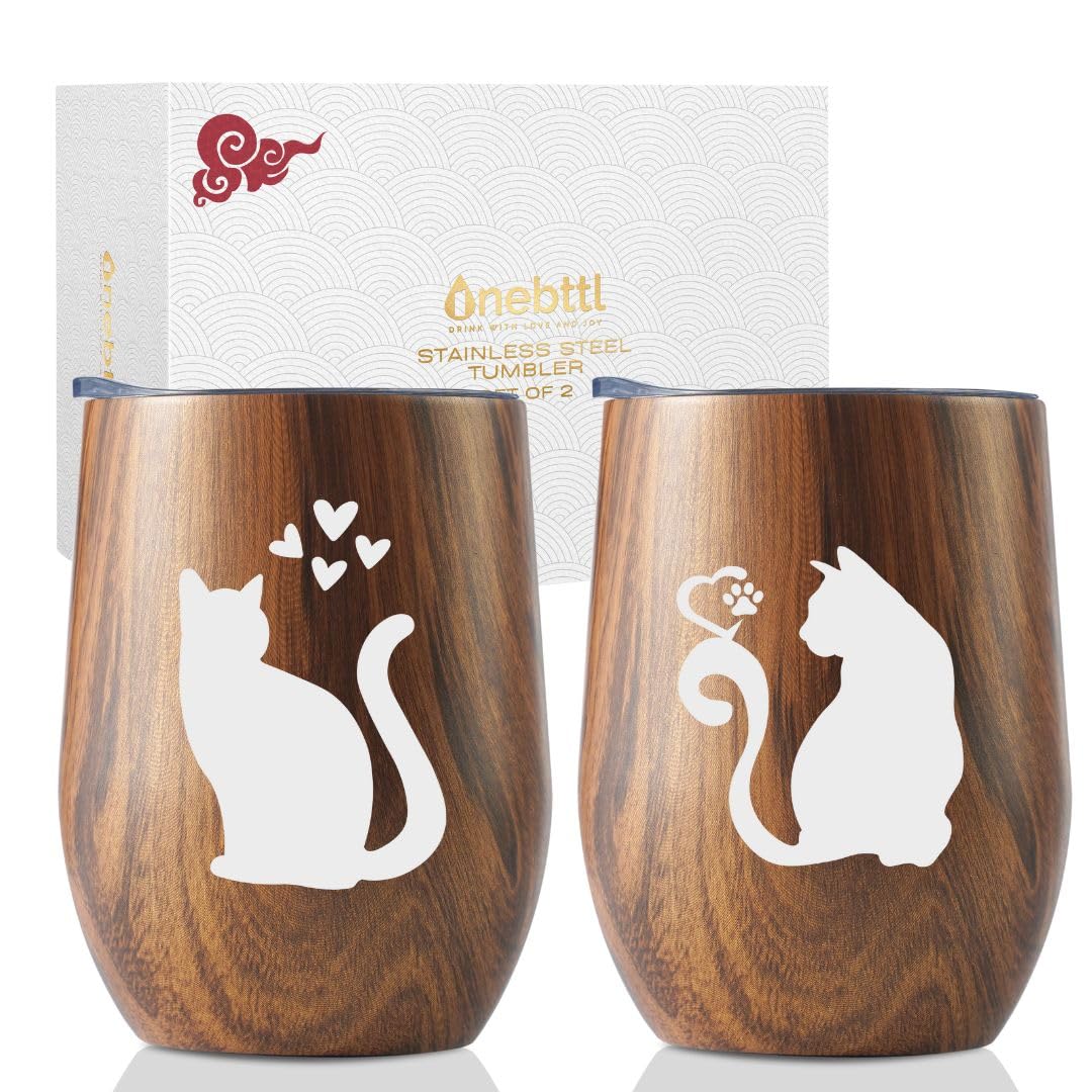 猫グッズ プレゼント 猫 マグカップ 猫好きプレゼント猫柄グッズ ズ 人気 プレゼント誕生日 バレンタインデー 夫婦 ペア ステンレスタンブラー 贈り物 ふた付き 保温保冷 真空断熱 (350ml * 2) 木目調