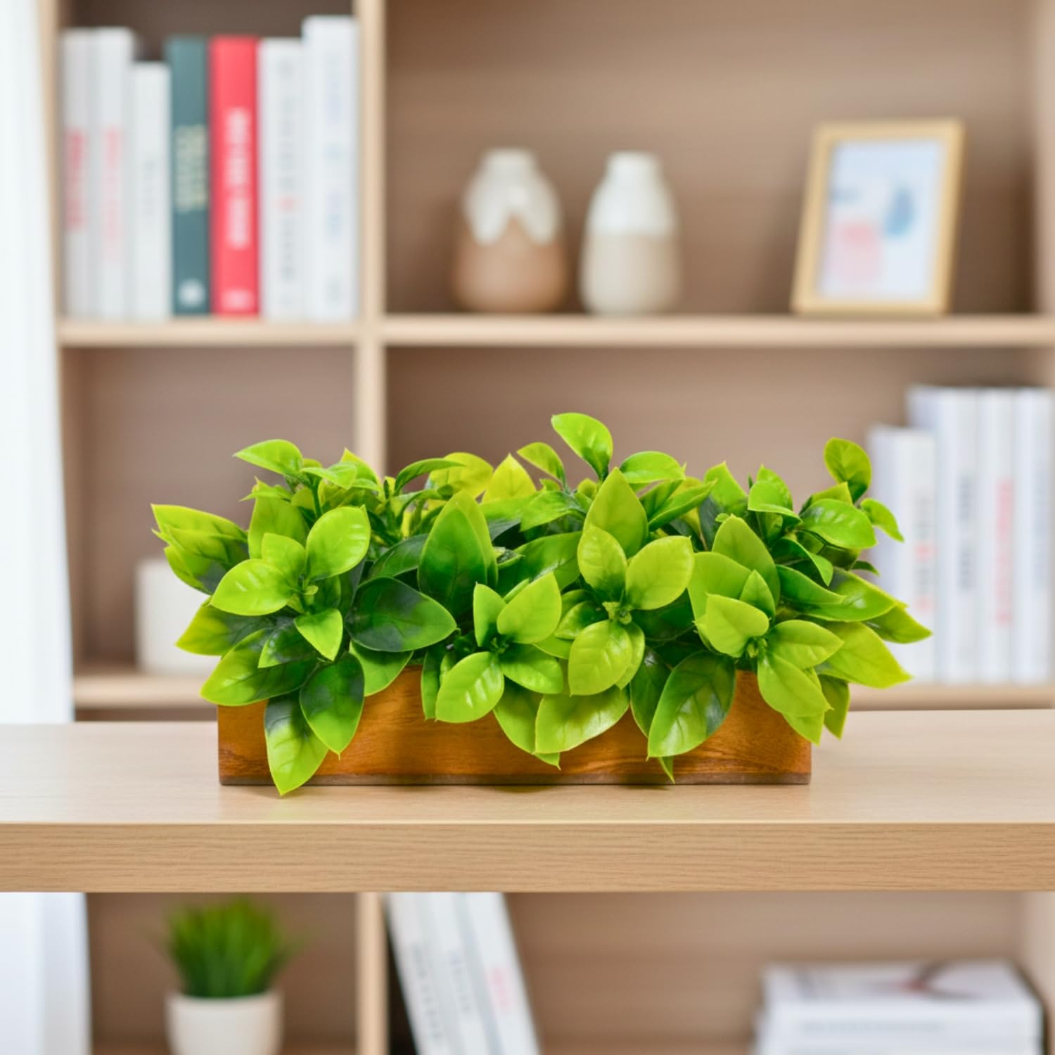 Artificial Plant Leaves in Wooden Rectangular Tray, Home décor Items for Decoration Height 11cm x Width 20 cm DB-8156-image-26
