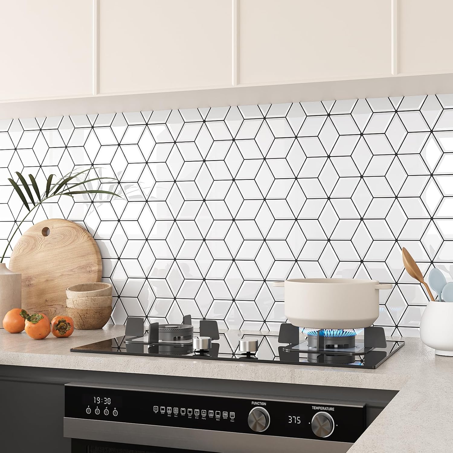 VEELIKE 3D Cube Peel and Stick Backsplash White Backsplash Tile Peel and Stick Waterproof Hexagon Wall Tile Stickers for Kitchen Bathroom 12''x12'' 6 Sheets Self Adhesive Back Splash for Kitchen Wall