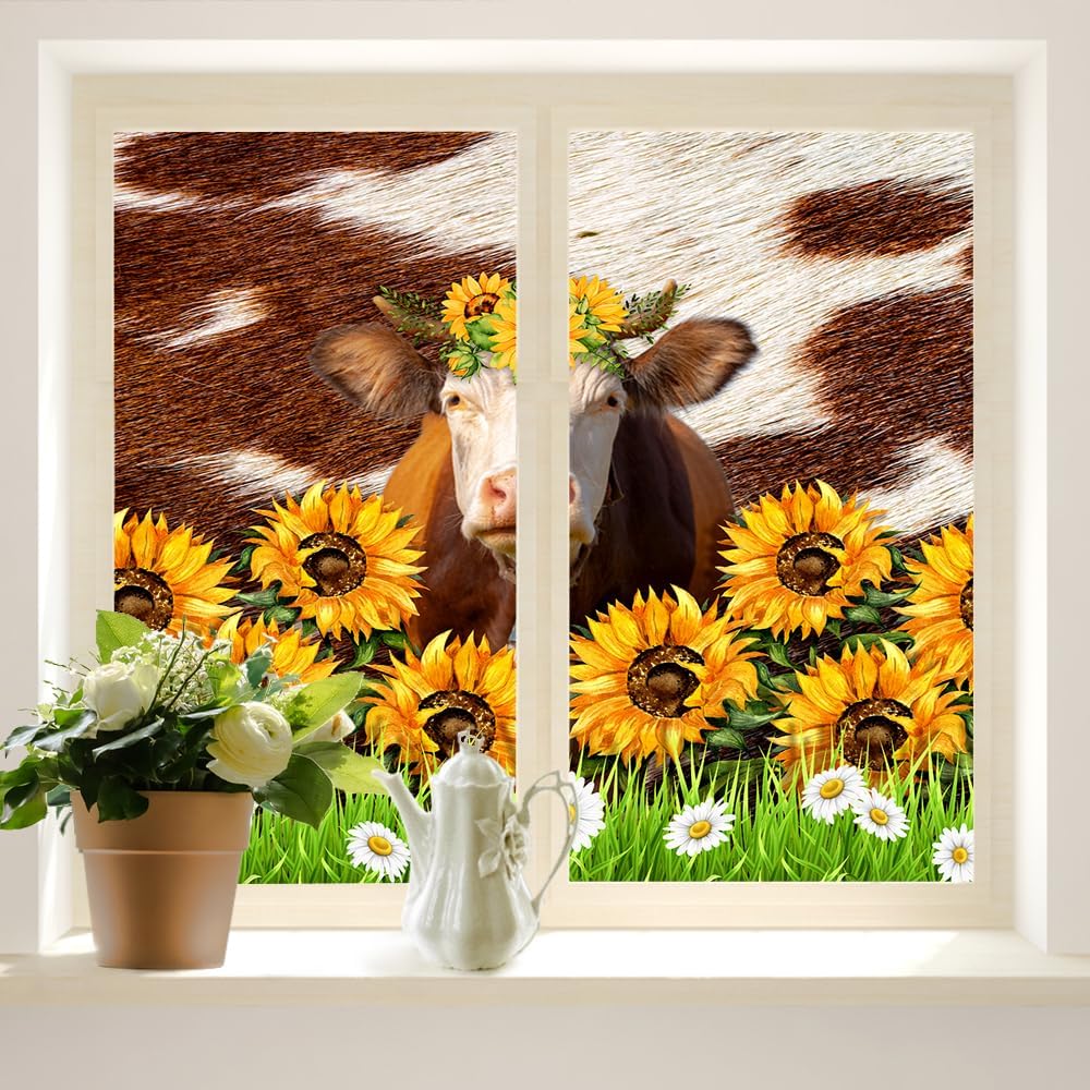 Brebasf Retro Cow Fur Print Privacy Blackout Window Film Rustic Tribal Farmhouse Western Cowboy Boots Floral Reusable Self Adhesive Insulated Window Stickers-23.6W x35.4L in x1 Pcs