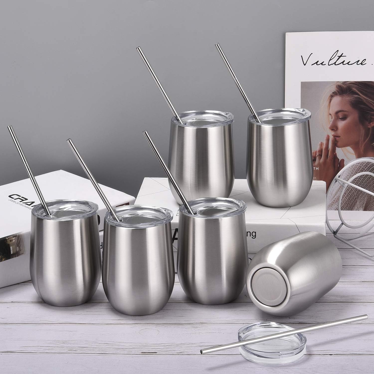 Blасk Frіdау 🔥 6 Pack 12Oz Stemless Wine Tumbler Wine Glasses Set Stainless Steel Wine Tumbler Cups with Lid and Straw Set of 6 for Picnic Camping Party or Family Daily Use Bеѕt Prоmо 6 Pack 12Oz Stemless Wine Tumbler Wine Glasses Set Stainless Steel Wine Tumbler Cups with Lid and Straw Set of 6 for Picnic Camping Party or Family Daily Use