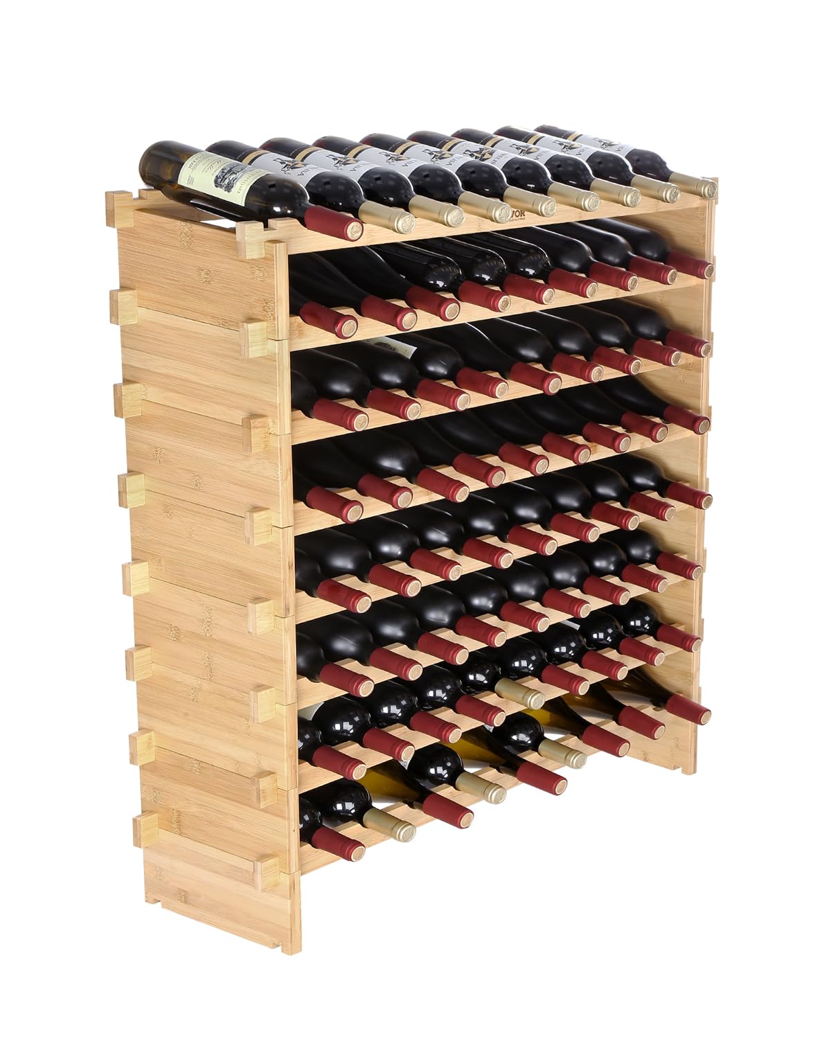 VEVOR Stackable Modular Wine Rack, 8-Tier 72 Bottles, Freestanding Wines Holder Display Shelf, Solid Bamboo Wood Storage Racks, Wobble-Free Shelves for Kitchens, Dining Rooms, Cellars, Natural Color
